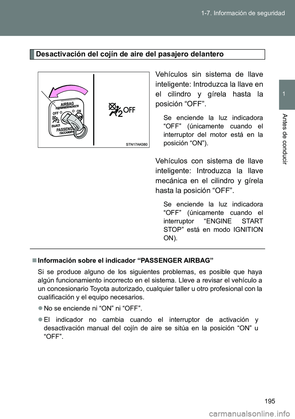 TOYOTA VERSO 2014 Manual del propietario (in Spanish) 195 1-7. Información de seguridad
1
Antes de conducir
Desactivación del cojín de aire del pasajero delantero
Vehículos sin sistema de llave
inteligente: Introduzca la llave en
el cilindro y gírel TOYOTA VERSO 2014 Manual del propietario (in Spanish) 195 1-7. Información de seguridad
1
Antes de conducir
Desactivación del cojín de aire del pasajero delantero
Vehículos sin sistema de llave
inteligente: Introduzca la llave en
el cilindro y gírel
