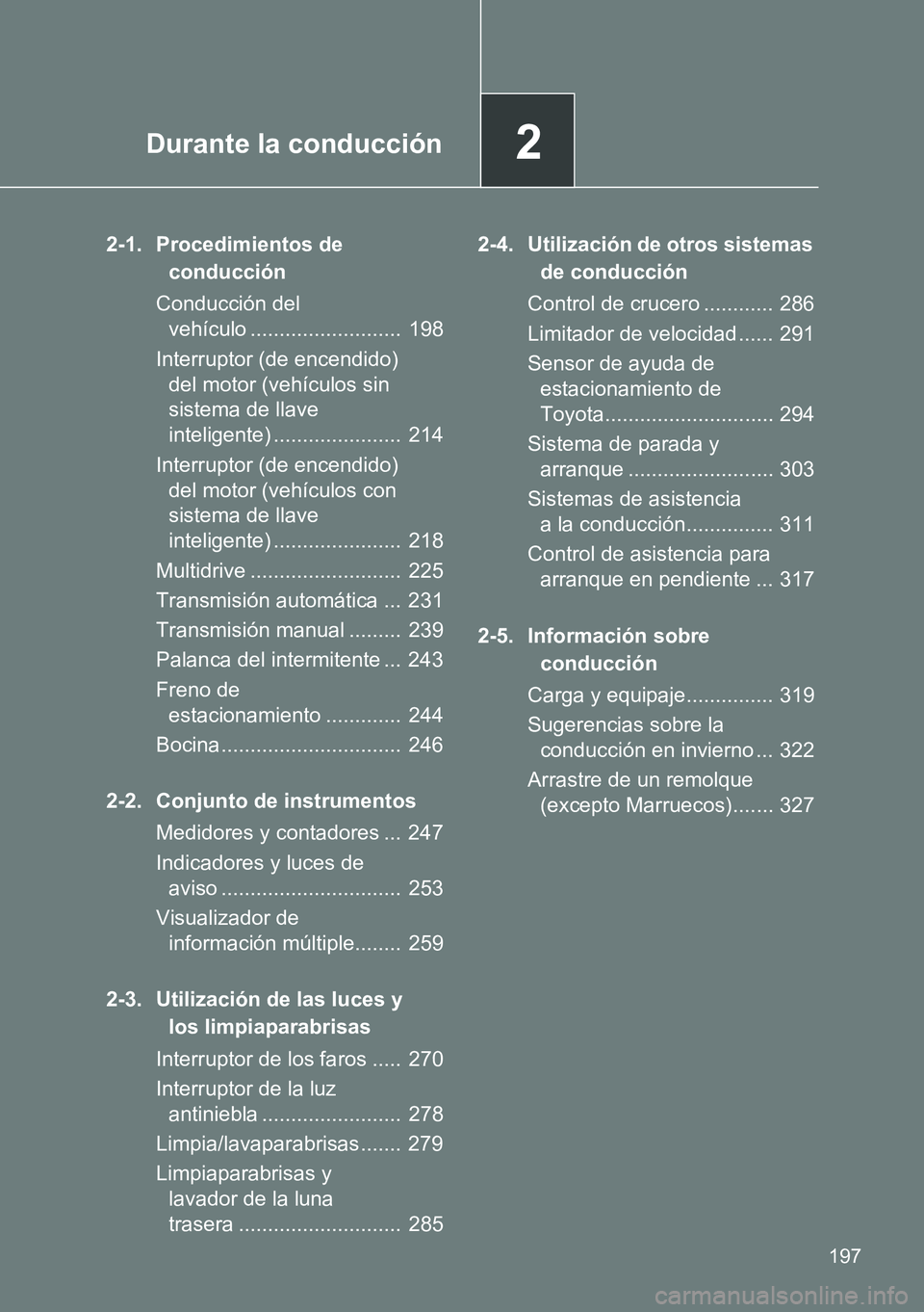 TOYOTA VERSO 2014 Manual del propietario (in Spanish) 2Durante la conducción
197
2-1. Procedimientos de
conducción
Conducción del
vehículo .......................... 198
Interruptor (de encendido)
del motor (vehículos sin
sistema de llave
inte TOYOTA VERSO 2014 Manual del propietario (in Spanish) 2Durante la conducción
197
2-1. Procedimientos de
conducción
Conducción del
vehículo .......................... 198
Interruptor (de encendido)
del motor (vehículos sin
sistema de llave
inte