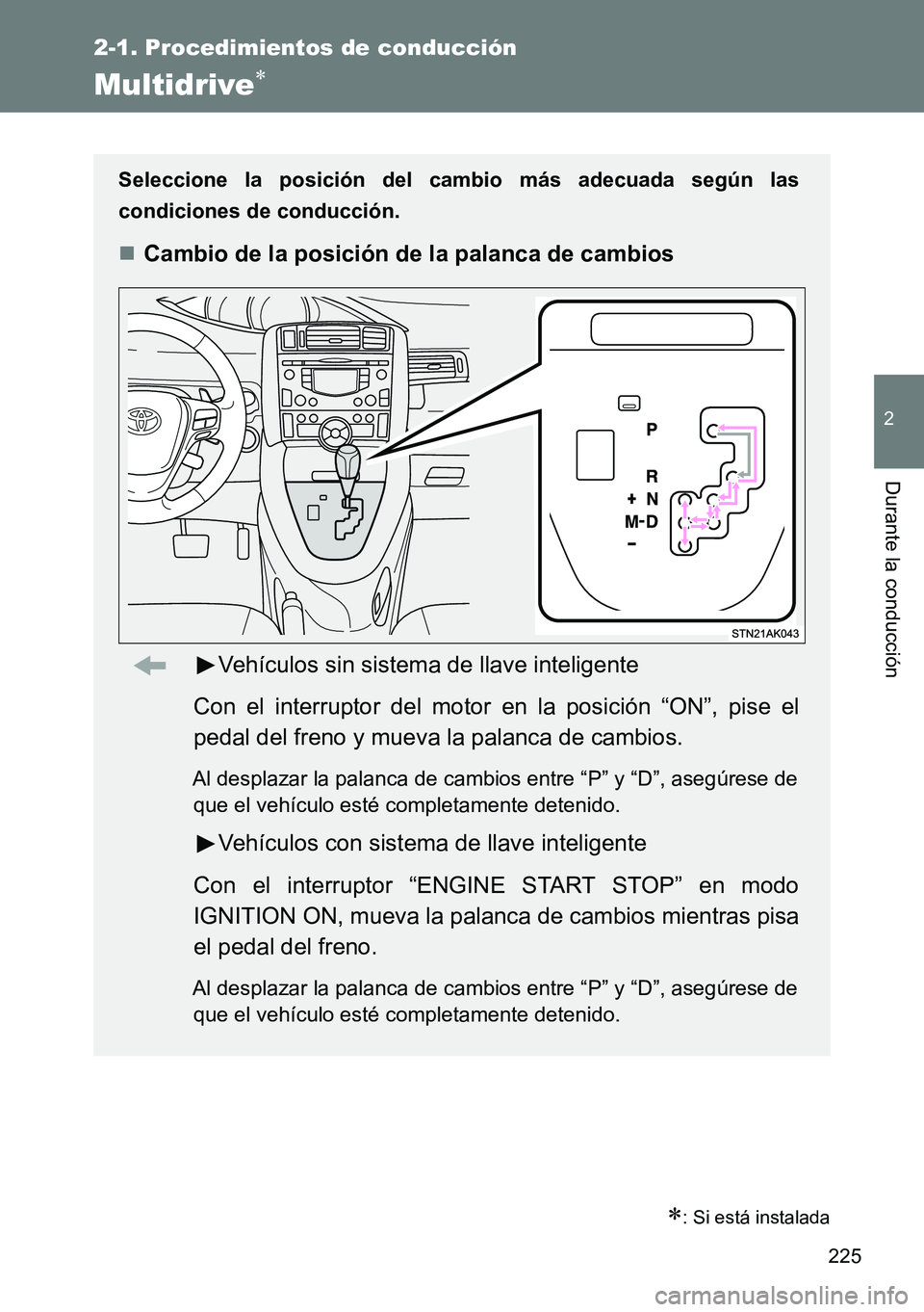 TOYOTA VERSO 2014 Manual del propietario (in Spanish) 225
2-1. Procedimientos de conducción
2
Durante la conducción
Multidrive
: Si está instalada
Seleccione la posición del cambio más adecuada según las
condiciones de conducción.
Cambio TOYOTA VERSO 2014 Manual del propietario (in Spanish) 225
2-1. Procedimientos de conducción
2
Durante la conducción
Multidrive
: Si está instalada
Seleccione la posición del cambio más adecuada según las
condiciones de conducción.
Cambio