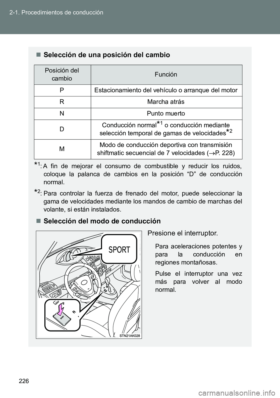 TOYOTA VERSO 2014 Manual del propietario (in Spanish) 226 2-1. Procedimientos de conducción
Selección de una posición del cambio
*1: A fin de mejorar el consumo de combustible y reducir los ruidos,
coloque la palanca de cambios en la posición “D TOYOTA VERSO 2014 Manual del propietario (in Spanish) 226 2-1. Procedimientos de conducción
Selección de una posición del cambio
*1: A fin de mejorar el consumo de combustible y reducir los ruidos,
coloque la palanca de cambios en la posición “D