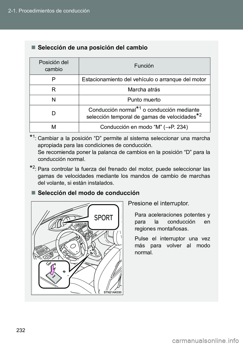 TOYOTA VERSO 2014 Manual del propietario (in Spanish) 232 2-1. Procedimientos de conducción
Selección de una posición del cambio
*1: Cambiar a la posición “D” permite al sistema seleccionar una marcha
apropiada para las condiciones de conducci TOYOTA VERSO 2014 Manual del propietario (in Spanish) 232 2-1. Procedimientos de conducción
Selección de una posición del cambio
*1: Cambiar a la posición “D” permite al sistema seleccionar una marcha
apropiada para las condiciones de conducci
