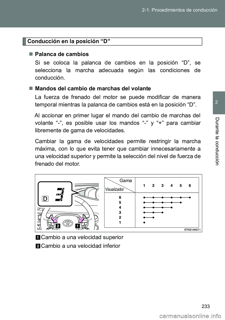 TOYOTA VERSO 2014 Manual del propietario (in Spanish) 233 2-1. Procedimientos de conducción
2
Durante la conducción
Conducción en la posición “D”
Palanca de cambios
Si se coloca la palanca de cambios en la posición “D”, se
selecciona la TOYOTA VERSO 2014 Manual del propietario (in Spanish) 233 2-1. Procedimientos de conducción
2
Durante la conducción
Conducción en la posición “D”
Palanca de cambios
Si se coloca la palanca de cambios en la posición “D”, se
selecciona la