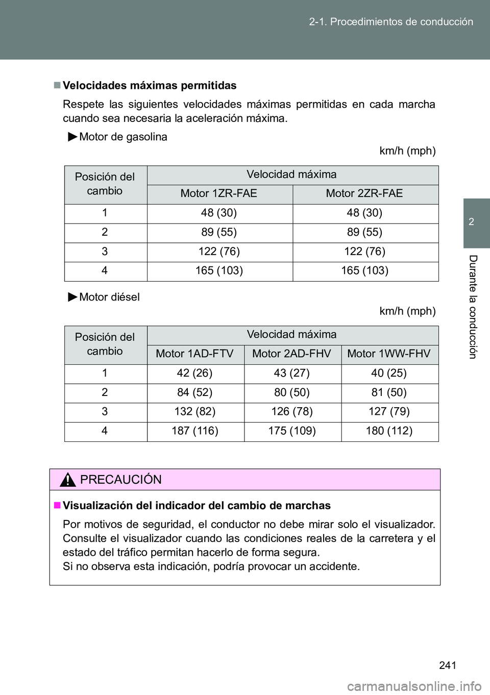 TOYOTA VERSO 2014  Manual del propietario (in Spanish) 241 2-1. Procedimientos de conducción
2
Durante la conducción
Velocidades máximas permitidas 
Respete las siguientes velocidades máximas permitidas en cada marcha
cuando sea necesaria la aceler