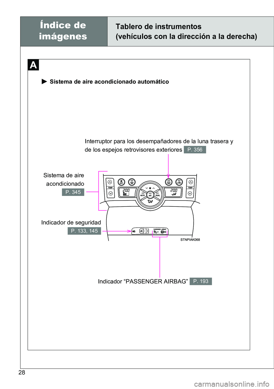 TOYOTA VERSO 2014  Manual del propietario (in Spanish) 28
 Sistema de aire acondicionado automático
Indicador de seguridad
P. 133, 145
Interruptor para los desempañadores de la luna trasera y 
de los espejos retrovisores exteriores 
P. 356
Indicador “