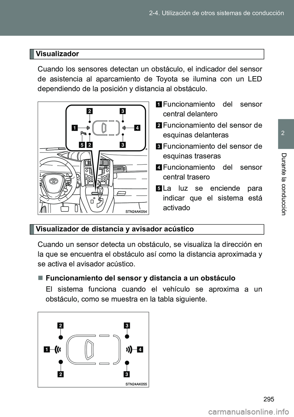 TOYOTA VERSO 2014  Manual del propietario (in Spanish) 295 2-4. Utilización de otros sistemas de conducción
2
Durante la conducción
Visualizador
Cuando los sensores detectan un obstáculo, el indicador del sensor
de asistencia al aparcamiento de Toyota