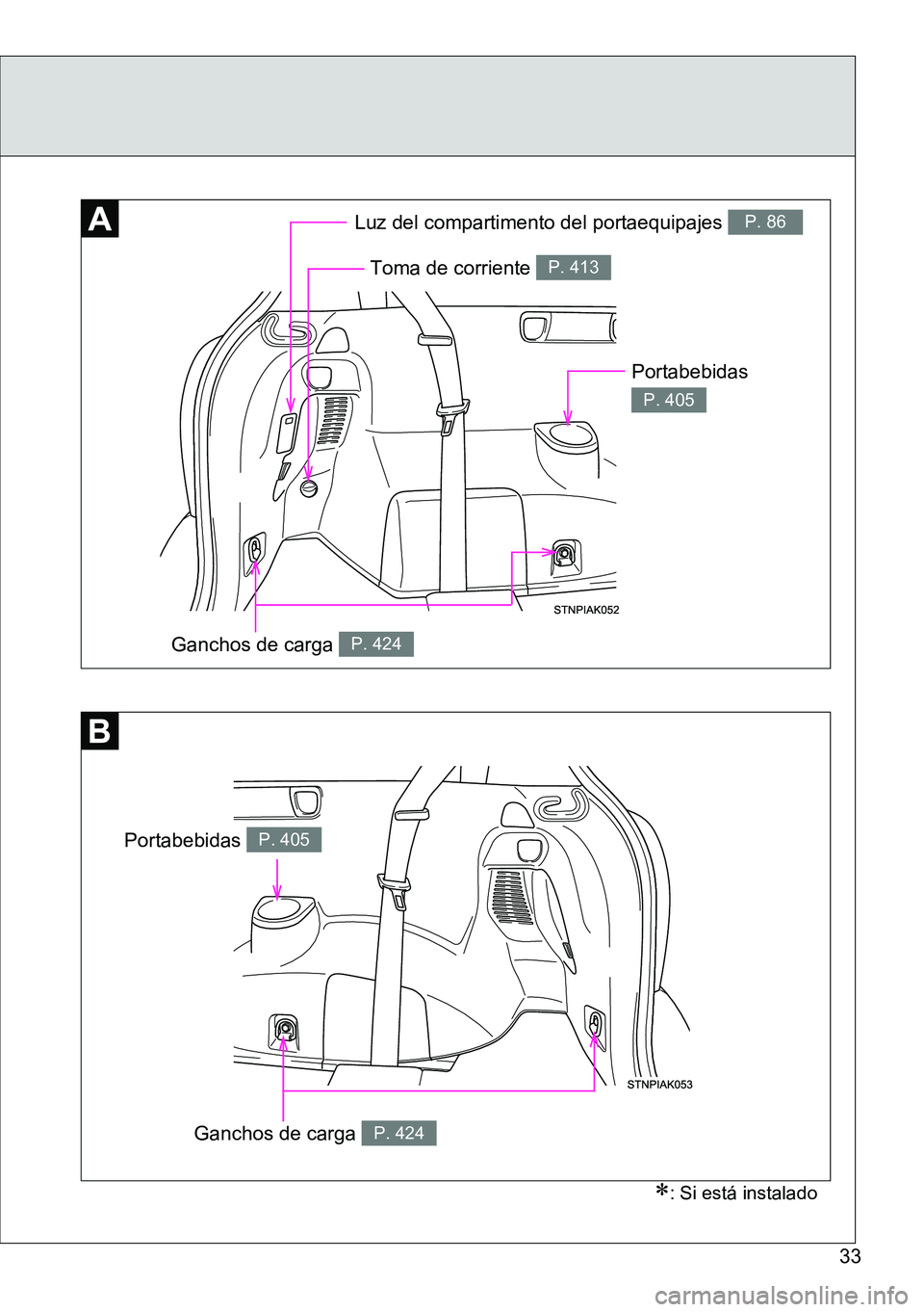 TOYOTA VERSO 2014 Manual del propietario (in Spanish) 33
: Si está instalado
Luz del compartimento del portaequipajes P. 86
Ganchos de carga P. 424
Toma de corriente P. 413
Ganchos de carga P. 424
Portabebidas
P. 405
Portabebidas P. 405 TOYOTA VERSO 2014 Manual del propietario (in Spanish) 33
: Si está instalado
Luz del compartimento del portaequipajes P. 86
Ganchos de carga P. 424
Toma de corriente P. 413
Ganchos de carga P. 424
Portabebidas
P. 405
Portabebidas P. 405