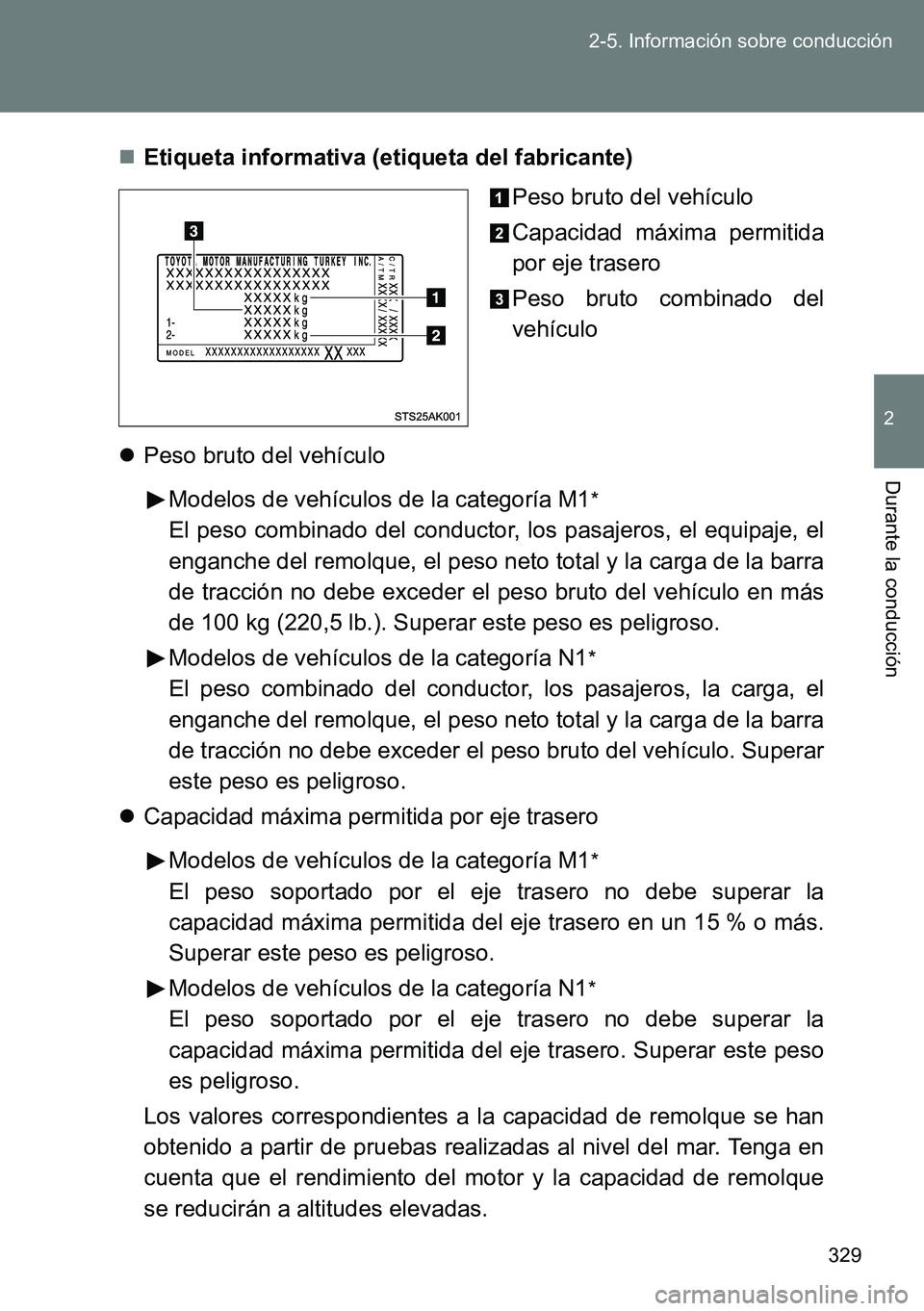 TOYOTA VERSO 2014  Manual del propietario (in Spanish) 329 2-5. Información sobre conducción
2
Durante la conducción
Etiqueta informativa (etiqueta del fabricante)
Peso bruto del vehículo
Capacidad máxima permitida
por eje trasero
Peso bruto combi