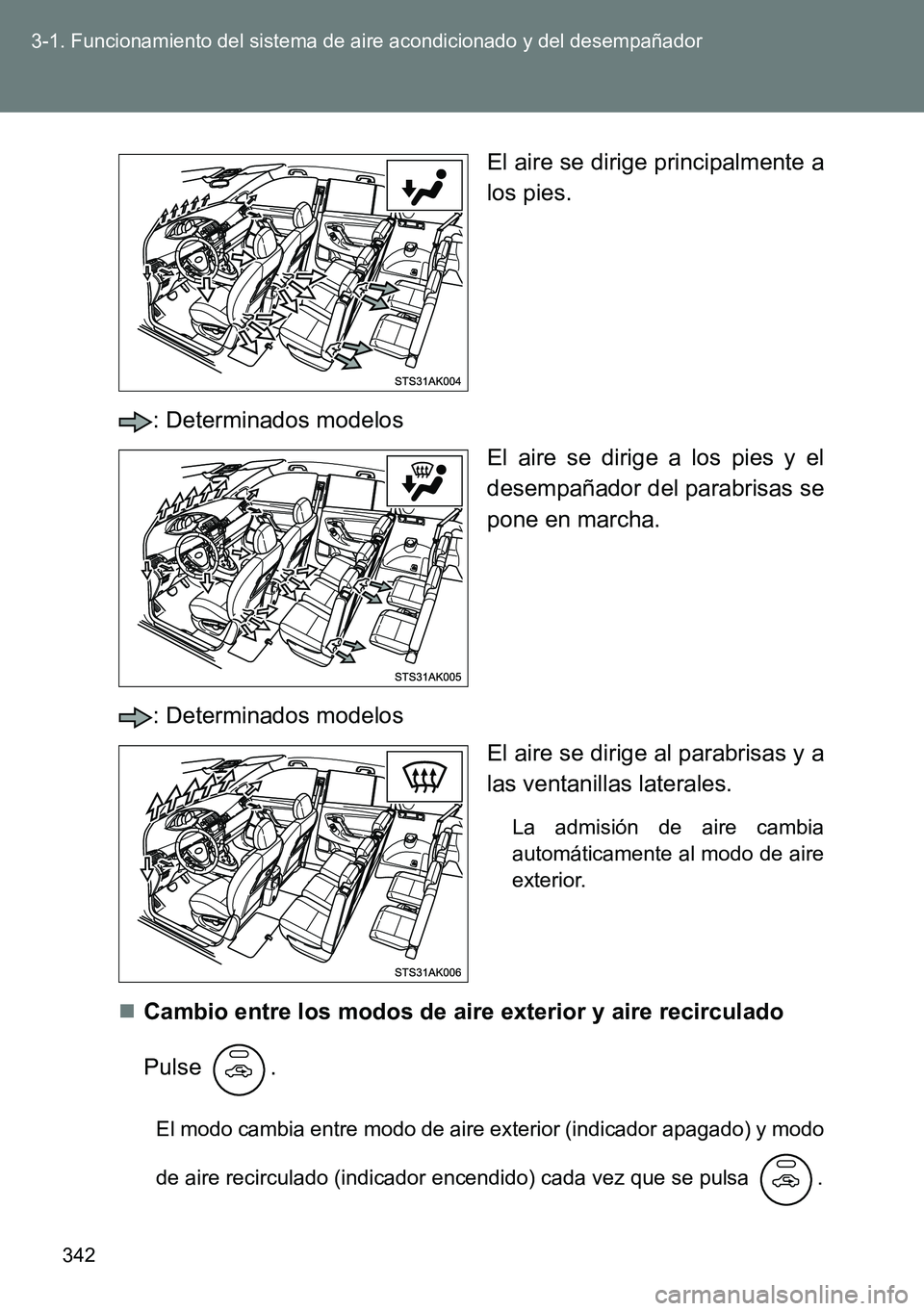 TOYOTA VERSO 2014  Manual del propietario (in Spanish) 342 3-1. Funcionamiento del sistema de aire acondicionado y del desempañador
El aire se dirige principalmente a
los pies.
: Determinados modelos
El aire se dirige a los pies y el
desempañador del pa