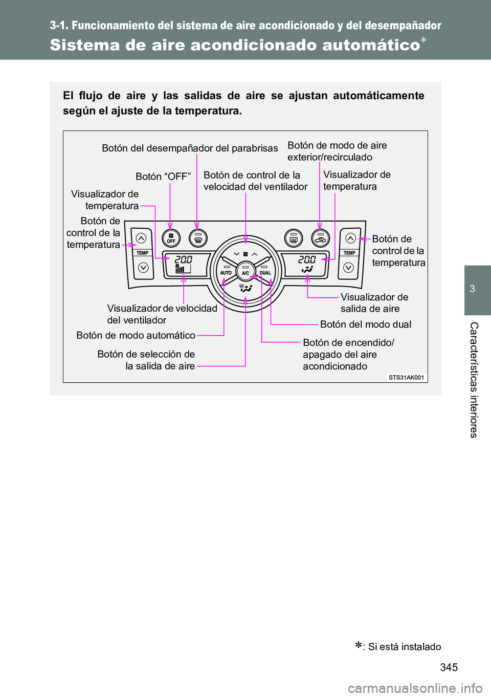 TOYOTA VERSO 2014  Manual del propietario (in Spanish) 345
3-1. Funcionamiento del sistema de aire acondicionado y del desempañador
3
Características interiores
Sistema de aire acondicionado automático
: Si está instalado
El flujo de aire y las 
