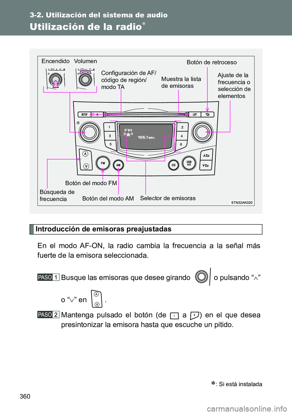 TOYOTA VERSO 2014  Manual del propietario (in Spanish) 360
3-2. Utilización del sistema de audio
Utilización de la radio
Introducción de emisoras preajustadas
En el modo AF-ON, la radio cambia la frecuencia a la señal más
fuerte de la emisora sele