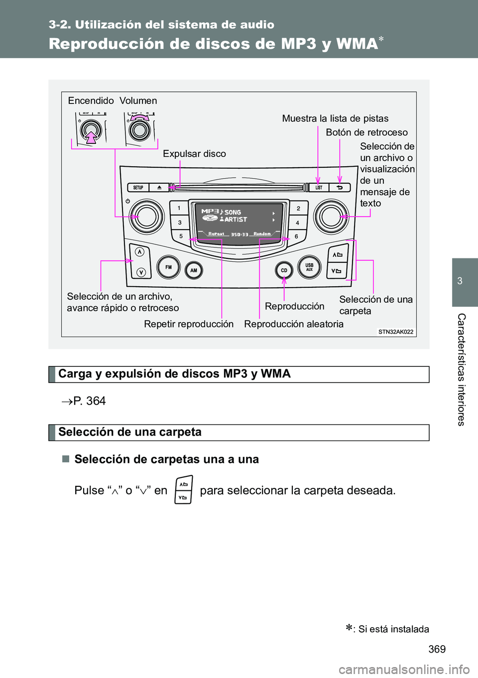 TOYOTA VERSO 2014 Manual del propietario (in Spanish) 369
3-2. Utilización del sistema de audio
3
Características interiores
Reproducción de discos de MP3 y WMA
Carga y expulsión de discos MP3 y WMA
P. 364
Selección de una carpeta
Selecció TOYOTA VERSO 2014 Manual del propietario (in Spanish) 369
3-2. Utilización del sistema de audio
3
Características interiores
Reproducción de discos de MP3 y WMA
Carga y expulsión de discos MP3 y WMA
P. 364
Selección de una carpeta
Selecció