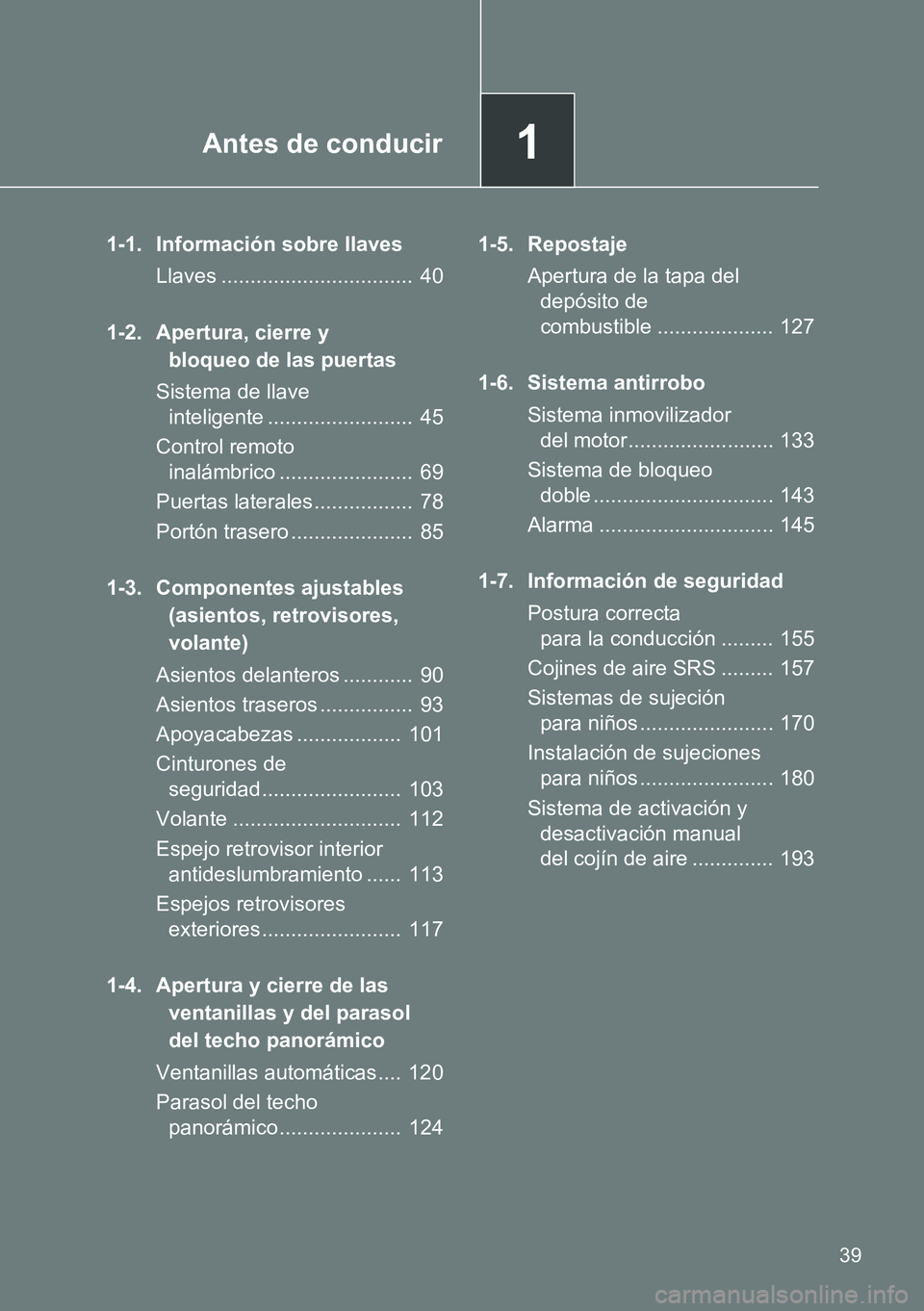 TOYOTA VERSO 2014 Manual del propietario (in Spanish) 1Antes de conducir
39
1-1. Información sobre llaves
Llaves ................................. 40
1-2. Apertura, cierre y
bloqueo de las puertas
Sistema de llave
inteligente ........................ TOYOTA VERSO 2014 Manual del propietario (in Spanish) 1Antes de conducir
39
1-1. Información sobre llaves
Llaves ................................. 40
1-2. Apertura, cierre y
bloqueo de las puertas
Sistema de llave
inteligente ........................