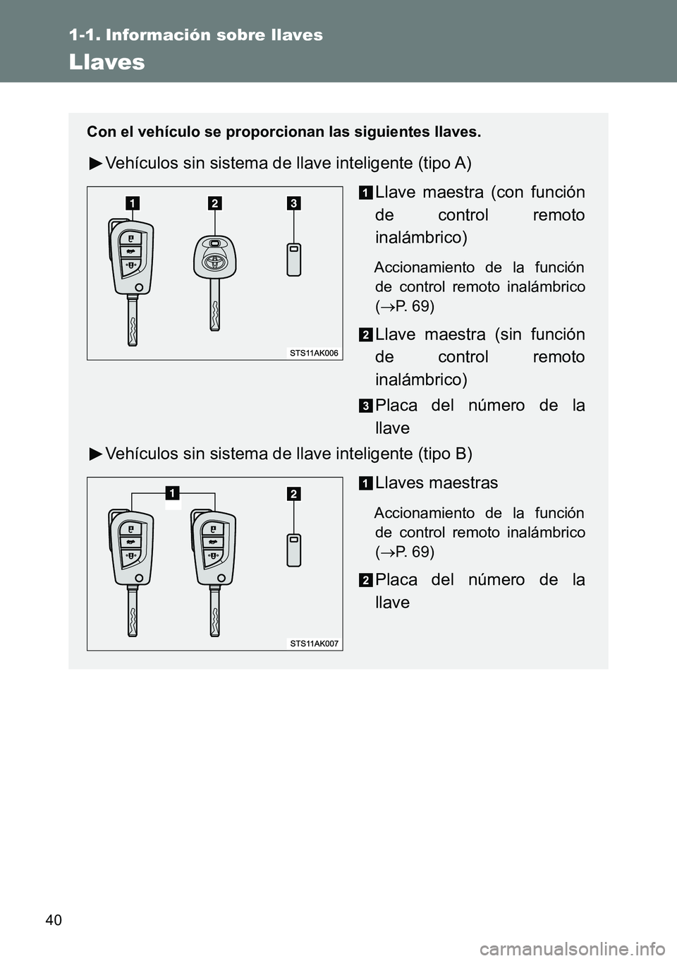 TOYOTA VERSO 2014 Manual del propietario (in Spanish) 40
1-1. Información sobre llaves
Llaves
Con el vehículo se proporcionan las siguientes llaves.
Vehículos sin sistema de llave inteligente (tipo A)
Llave maestra (con función
de control remoto
inal TOYOTA VERSO 2014 Manual del propietario (in Spanish) 40
1-1. Información sobre llaves
Llaves
Con el vehículo se proporcionan las siguientes llaves.
Vehículos sin sistema de llave inteligente (tipo A)
Llave maestra (con función
de control remoto
inal