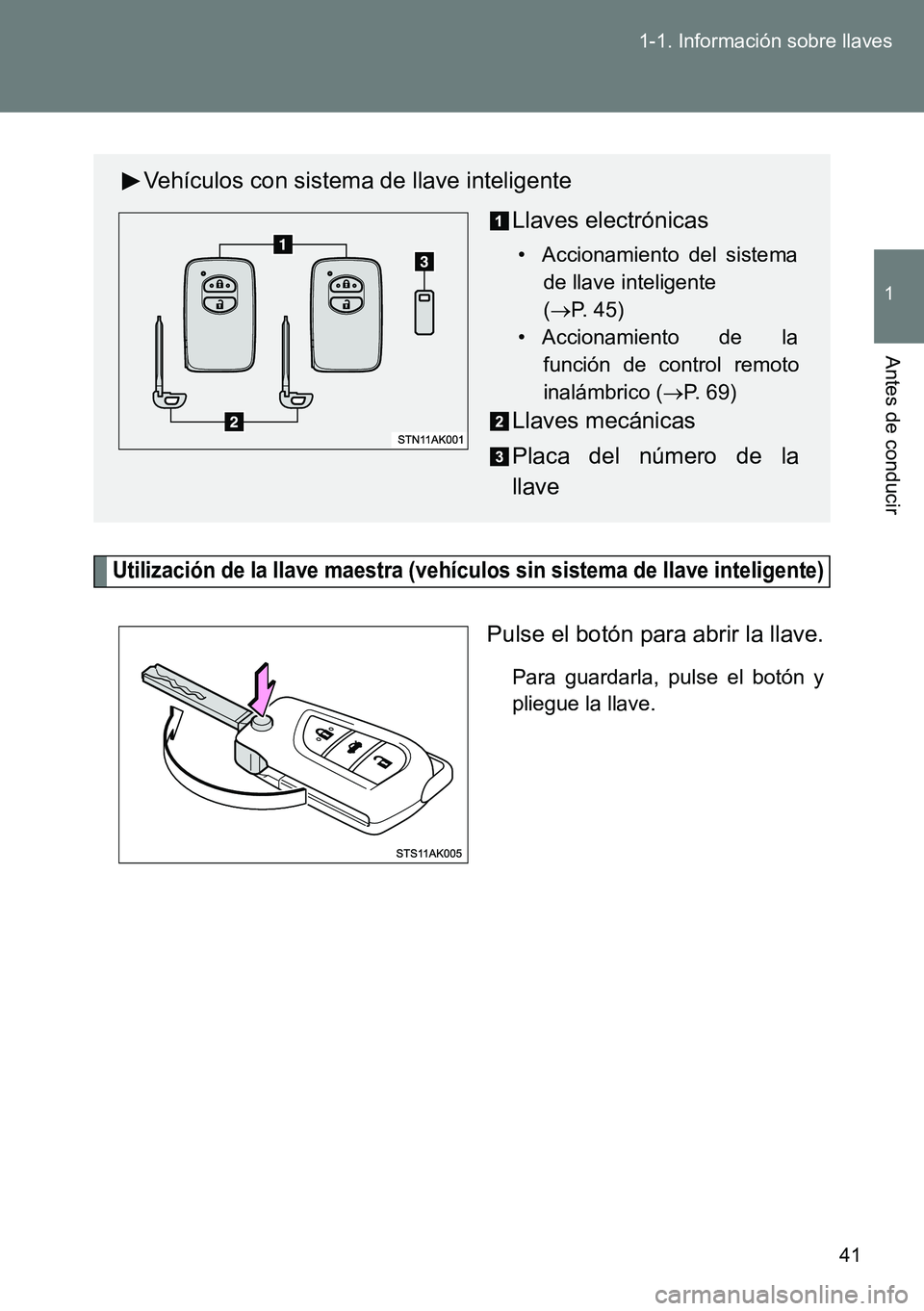 TOYOTA VERSO 2014 Manual del propietario (in Spanish) 41 1-1. Información sobre llaves
1
Antes de conducir
Utilización de la llave maestra (vehículos sin sistema de llave inteligente)
Pulse el botón para abrir la llave.
Para guardarla, pulse el botó TOYOTA VERSO 2014 Manual del propietario (in Spanish) 41 1-1. Información sobre llaves
1
Antes de conducir
Utilización de la llave maestra (vehículos sin sistema de llave inteligente)
Pulse el botón para abrir la llave.
Para guardarla, pulse el botó