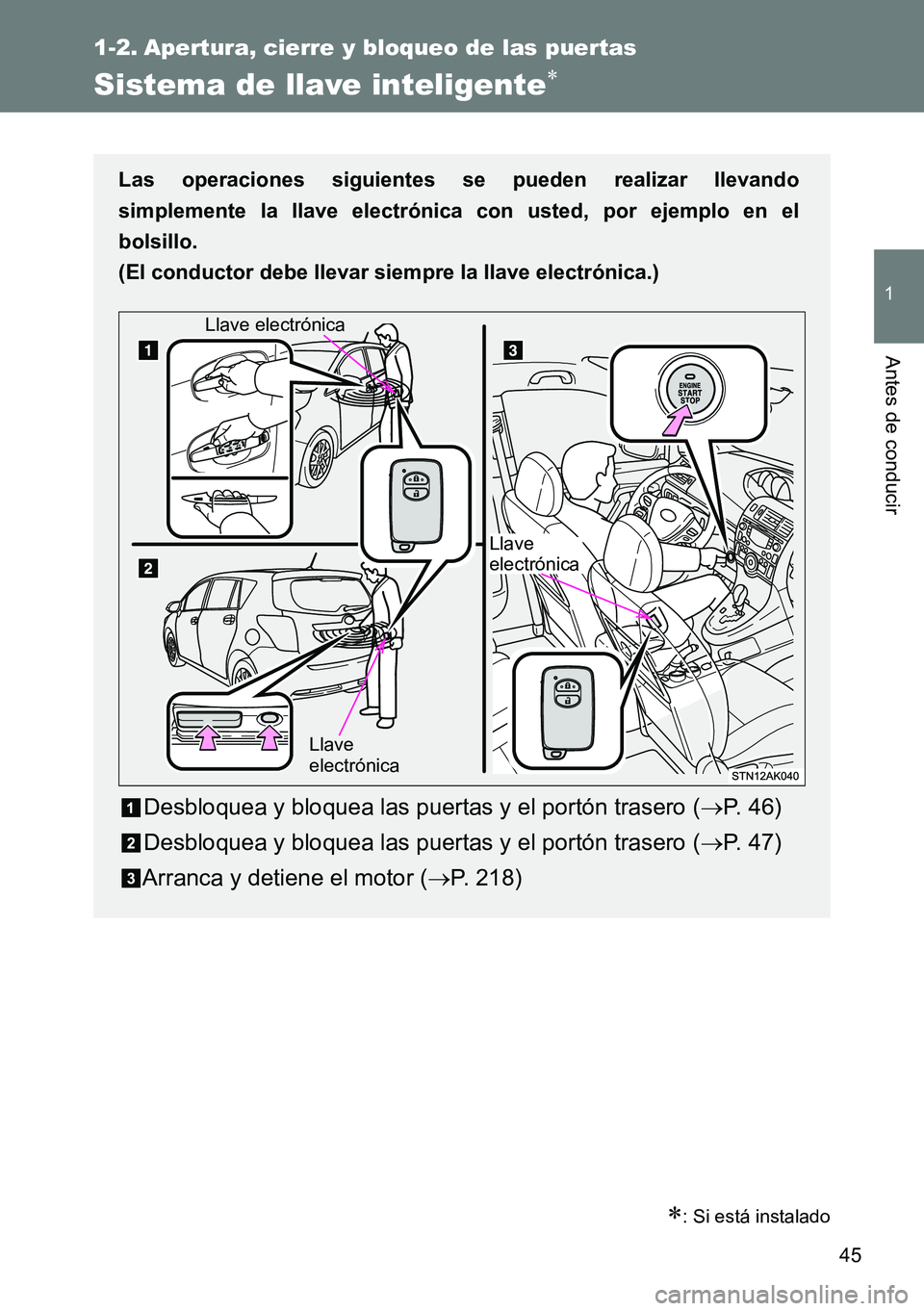 TOYOTA VERSO 2014 Manual del propietario (in Spanish) 45
1
Antes de conducir
1-2. Apertura, cierre y bloqueo de las puertas
Sistema de llave inteligente
: Si está instalado
Las operaciones siguientes se pueden realizar llevando
simplemente la llav TOYOTA VERSO 2014 Manual del propietario (in Spanish) 45
1
Antes de conducir
1-2. Apertura, cierre y bloqueo de las puertas
Sistema de llave inteligente
: Si está instalado
Las operaciones siguientes se pueden realizar llevando
simplemente la llav