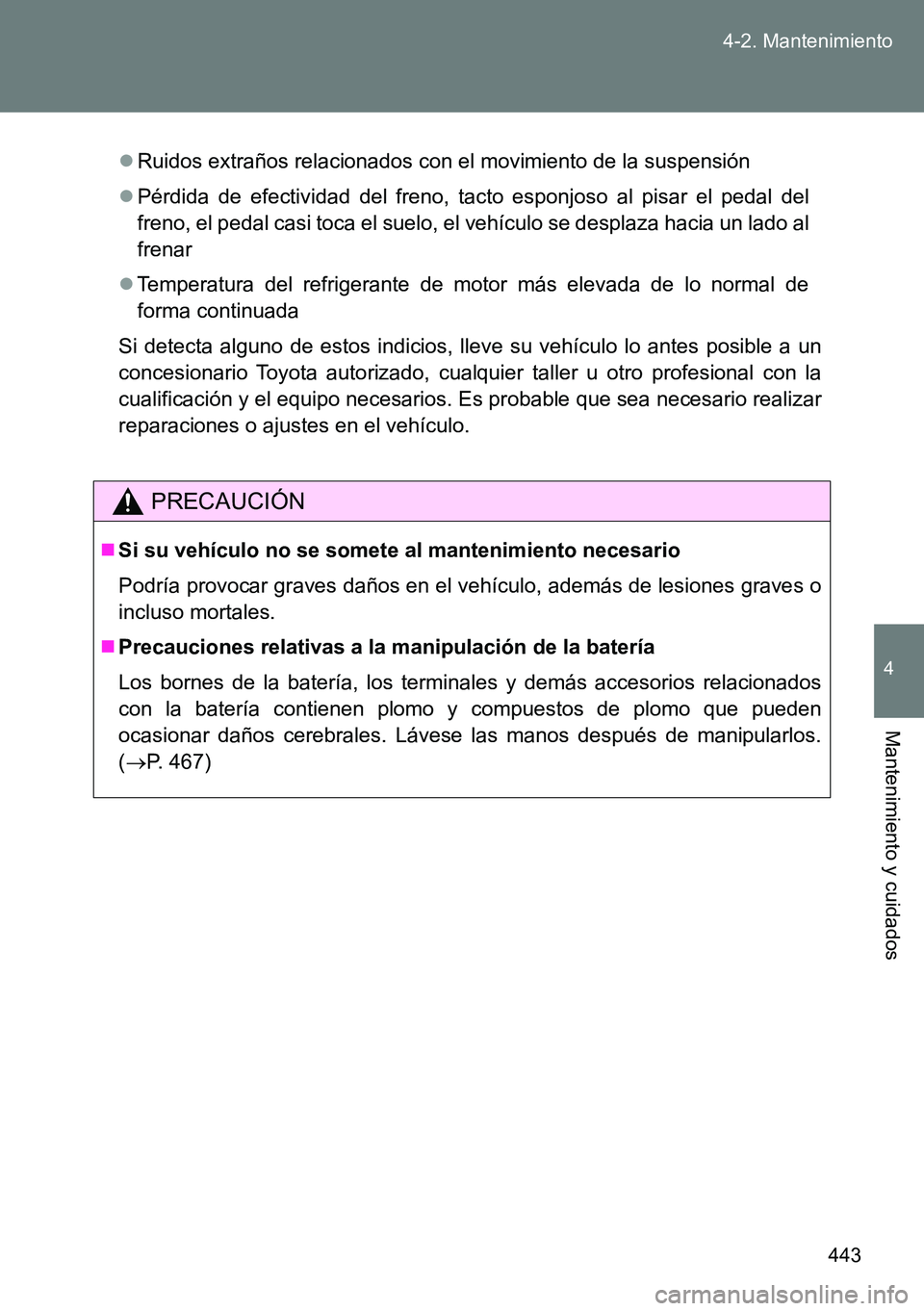 TOYOTA VERSO 2014  Manual del propietario (in Spanish) 443 4-2. Mantenimiento
4
Mantenimiento y cuidados
Ruidos extraños relacionados con el movimiento de la suspensión
Pérdida de efectividad del freno, tacto esponjoso al pisar el pedal del
freno