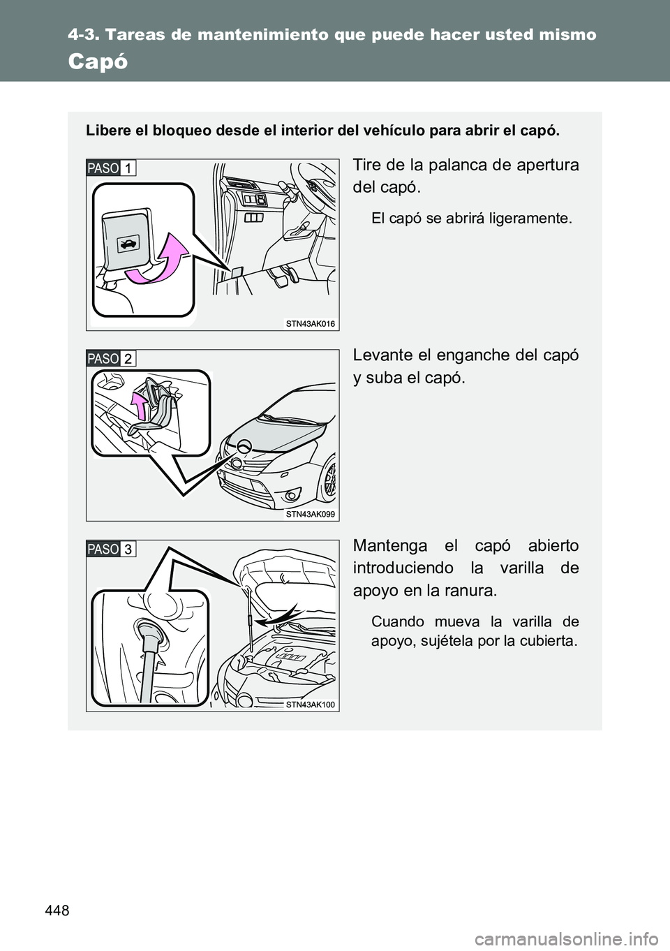 TOYOTA VERSO 2014  Manual del propietario (in Spanish) 448
4-3. Tareas de mantenimiento que puede hacer usted mismo
Capó
Libere el bloqueo desde el interior del vehículo para abrir el capó.
Tire de la palanca de apertura
del capó.
El capó se abrirá 