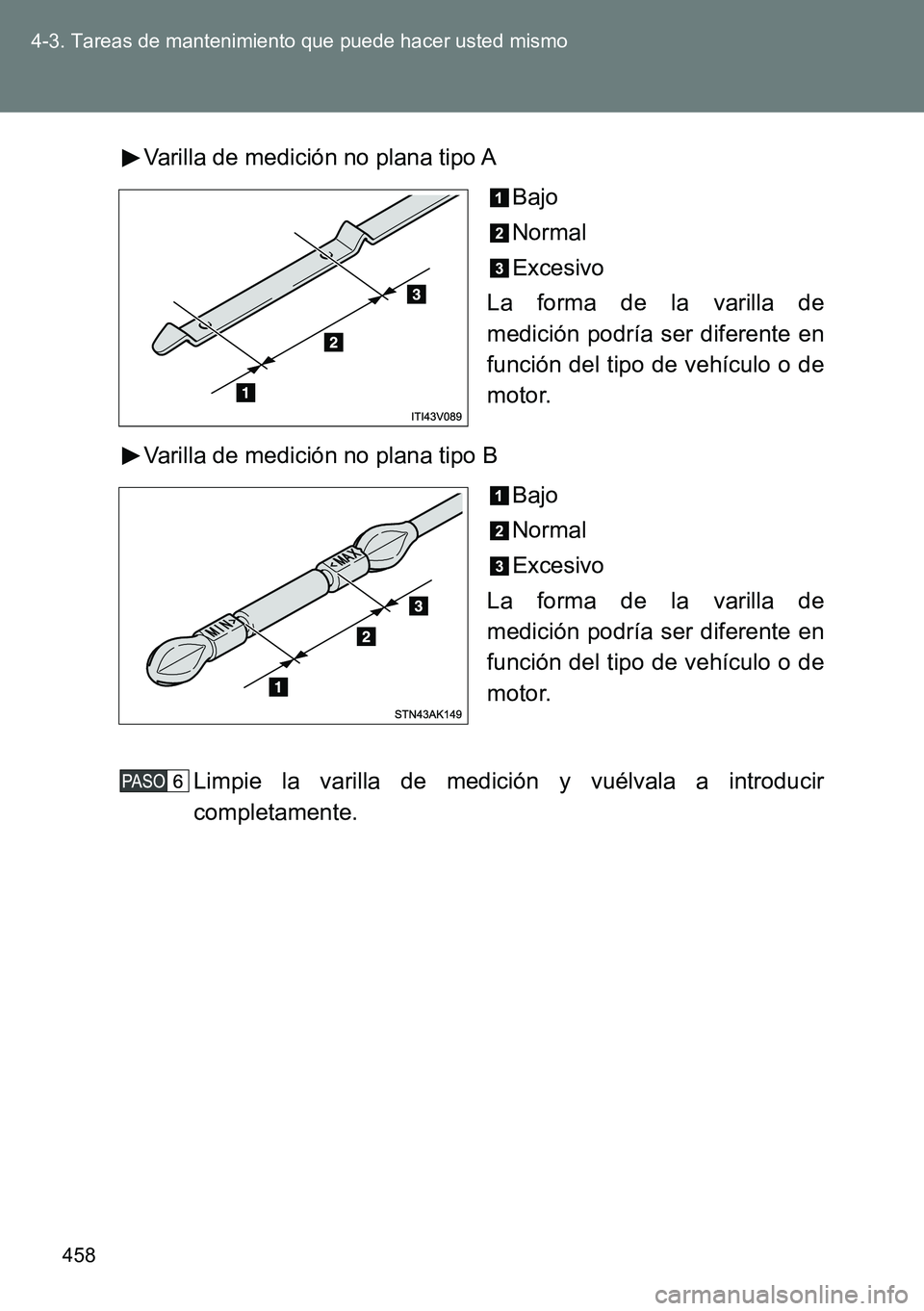 TOYOTA VERSO 2014 Manual del propietario (in Spanish) 458 4-3. Tareas de mantenimiento que puede hacer usted mismo
Varilla de medición no plana tipo A
Bajo
Normal
Excesivo
La forma de la varilla de
medición podría ser diferente en
función del tipo de TOYOTA VERSO 2014 Manual del propietario (in Spanish) 458 4-3. Tareas de mantenimiento que puede hacer usted mismo
Varilla de medición no plana tipo A
Bajo
Normal
Excesivo
La forma de la varilla de
medición podría ser diferente en
función del tipo de