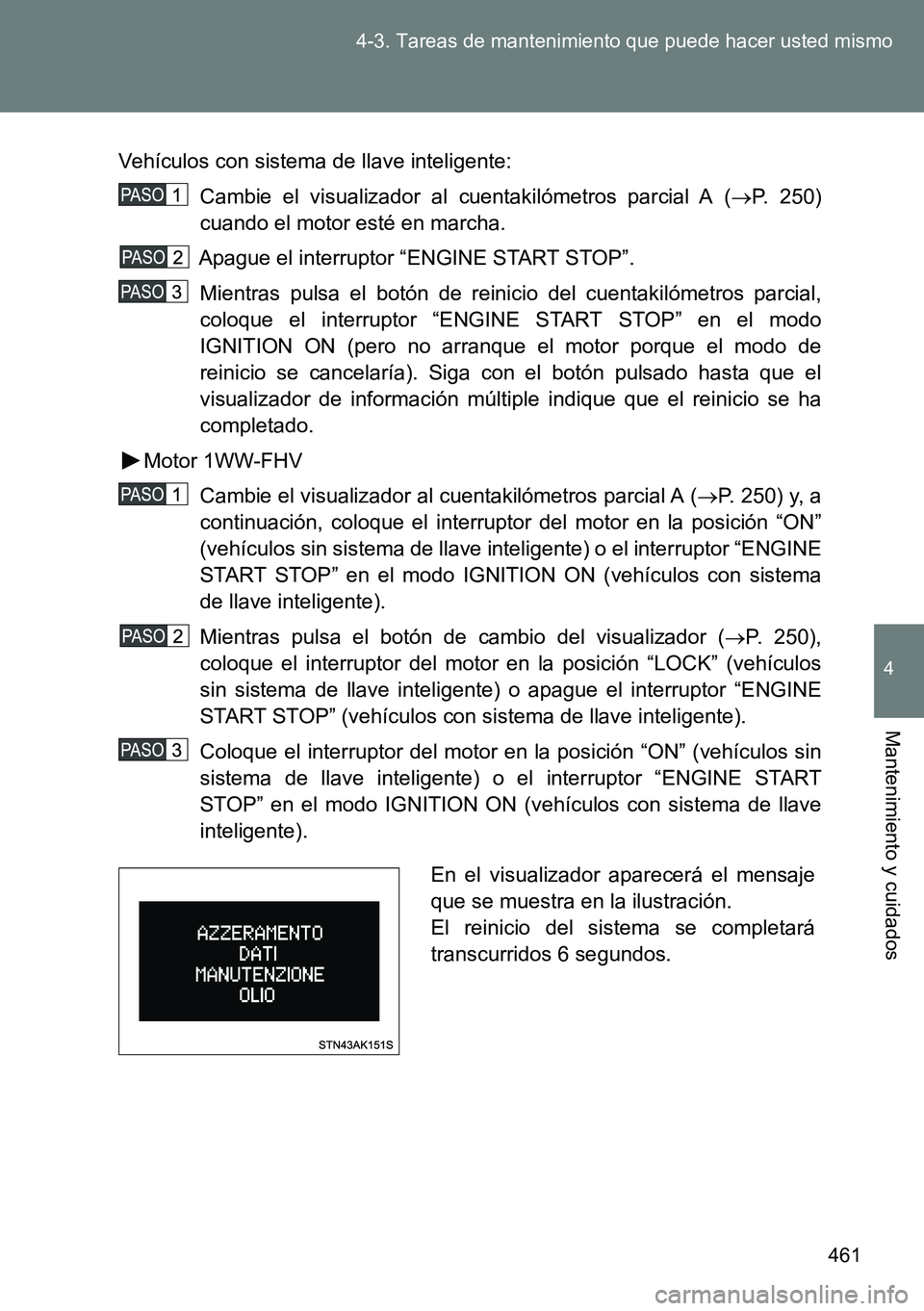 TOYOTA VERSO 2014 Manual del propietario (in Spanish) 461 4-3. Tareas de mantenimiento que puede hacer usted mismo
4
Mantenimiento y cuidados
Vehículos con sistema de llave inteligente:
Cambie el visualizador al cuentakilómetros parcial A (P. 250)
c TOYOTA VERSO 2014 Manual del propietario (in Spanish) 461 4-3. Tareas de mantenimiento que puede hacer usted mismo
4
Mantenimiento y cuidados
Vehículos con sistema de llave inteligente:
Cambie el visualizador al cuentakilómetros parcial A (P. 250)
c