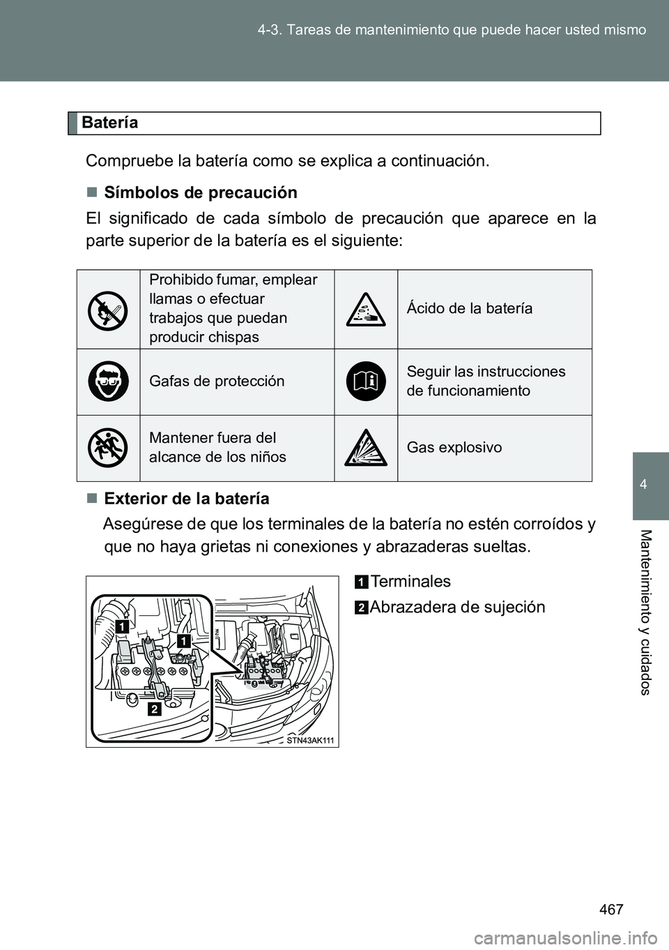 TOYOTA VERSO 2014 Manual del propietario (in Spanish) 467 4-3. Tareas de mantenimiento que puede hacer usted mismo
4
Mantenimiento y cuidados
Batería
Compruebe la batería como se explica a continuación.
Símbolos de precaución
El significado de ca TOYOTA VERSO 2014 Manual del propietario (in Spanish) 467 4-3. Tareas de mantenimiento que puede hacer usted mismo
4
Mantenimiento y cuidados
Batería
Compruebe la batería como se explica a continuación.
Símbolos de precaución
El significado de ca