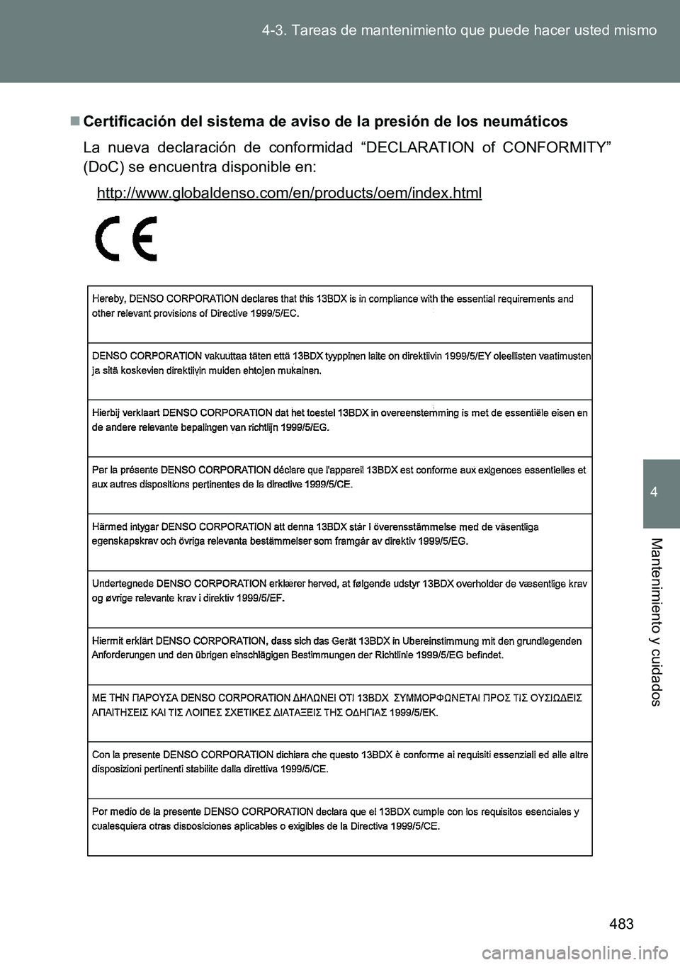TOYOTA VERSO 2014 Manual del propietario (in Spanish) 483 4-3. Tareas de mantenimiento que puede hacer usted mismo
4
Mantenimiento y cuidados
Certificación del sistema de aviso de la presión de los neumáticos
La nueva declaración de conformidad TOYOTA VERSO 2014 Manual del propietario (in Spanish) 483 4-3. Tareas de mantenimiento que puede hacer usted mismo
4
Mantenimiento y cuidados
Certificación del sistema de aviso de la presión de los neumáticos
La nueva declaración de conformidad