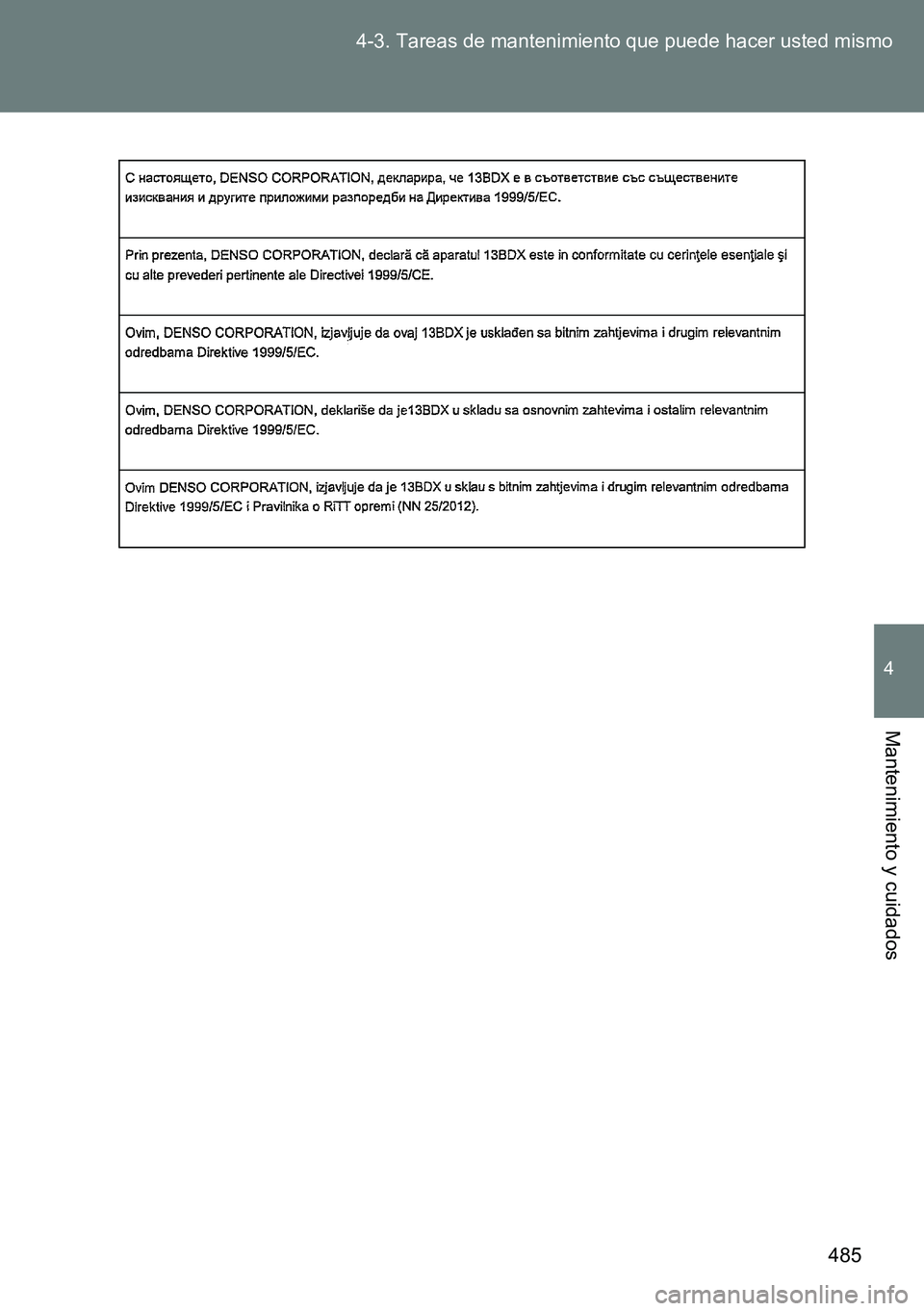 TOYOTA VERSO 2014 Manual del propietario (in Spanish) 485 4-3. Tareas de mantenimiento que puede hacer usted mismo
4
Mantenimiento y cuidados TOYOTA VERSO 2014 Manual del propietario (in Spanish) 485 4-3. Tareas de mantenimiento que puede hacer usted mismo
4
Mantenimiento y cuidados