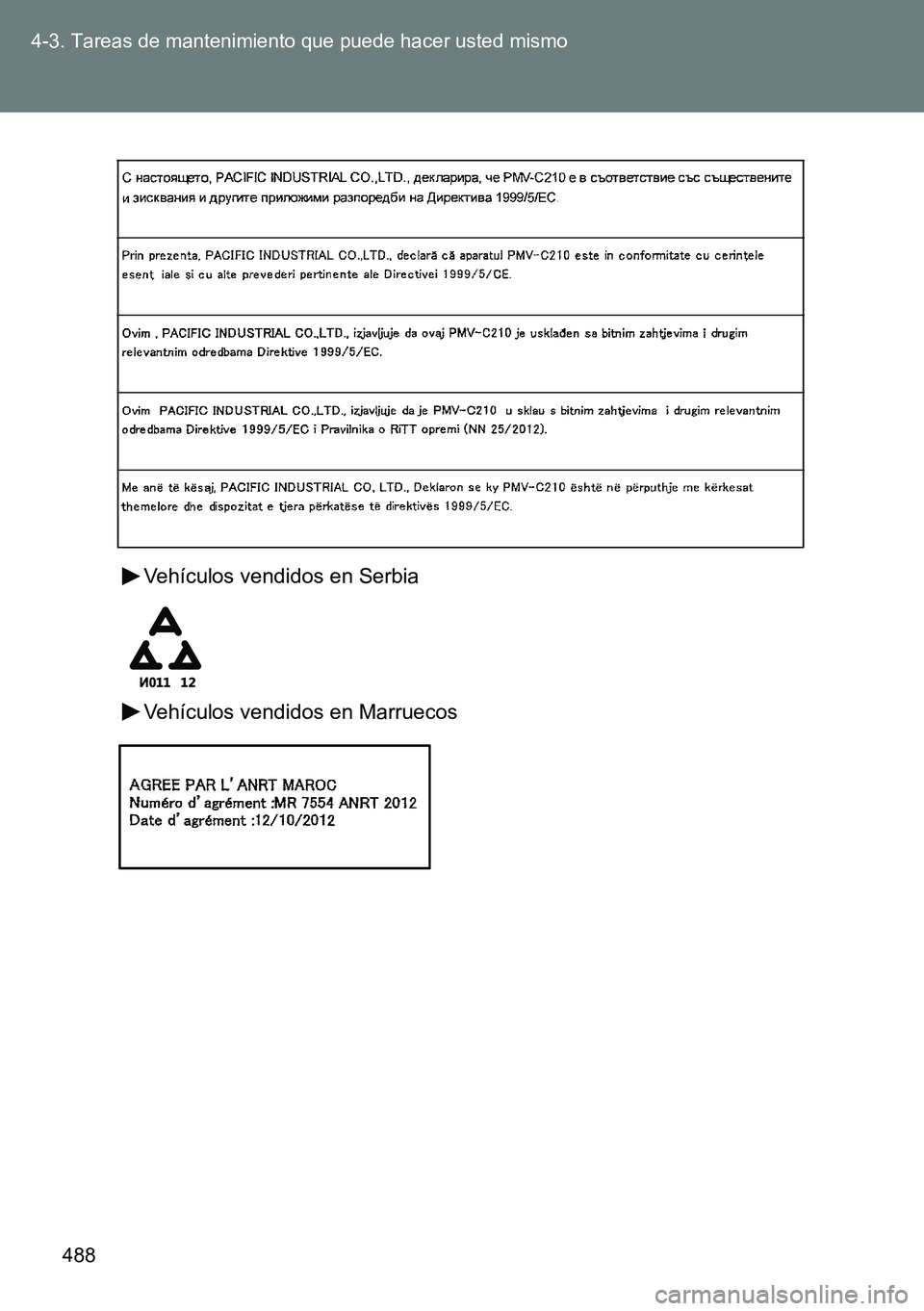 TOYOTA VERSO 2014 Manual del propietario (in Spanish) 488 4-3. Tareas de mantenimiento que puede hacer usted mismo
Vehículos vendidos en Serbia
Vehículos vendidos en Marruecos TOYOTA VERSO 2014 Manual del propietario (in Spanish) 488 4-3. Tareas de mantenimiento que puede hacer usted mismo
Vehículos vendidos en Serbia
Vehículos vendidos en Marruecos