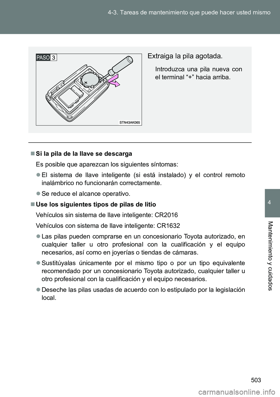 TOYOTA VERSO 2014 Manual del propietario (in Spanish) 503 4-3. Tareas de mantenimiento que puede hacer usted mismo
4
Mantenimiento y cuidados
Si la pila de la llave se descarga
Es posible que aparezcan los siguientes síntomas:
El sistema de llave TOYOTA VERSO 2014 Manual del propietario (in Spanish) 503 4-3. Tareas de mantenimiento que puede hacer usted mismo
4
Mantenimiento y cuidados
Si la pila de la llave se descarga
Es posible que aparezcan los siguientes síntomas:
El sistema de llave