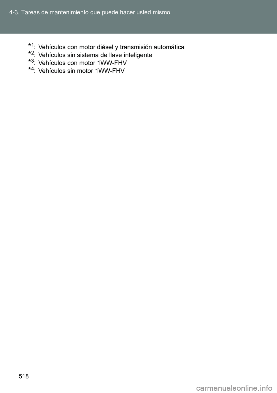 TOYOTA VERSO 2014 Manual del propietario (in Spanish) 518 4-3. Tareas de mantenimiento que puede hacer usted mismo
*1: Vehículos con motor diésel y transmisión automática
*2: Vehículos sin sistema de llave inteligente
*3: Vehículos con motor 1WW- TOYOTA VERSO 2014 Manual del propietario (in Spanish) 518 4-3. Tareas de mantenimiento que puede hacer usted mismo
*1: Vehículos con motor diésel y transmisión automática
*2: Vehículos sin sistema de llave inteligente
*3: Vehículos con motor 1WW-