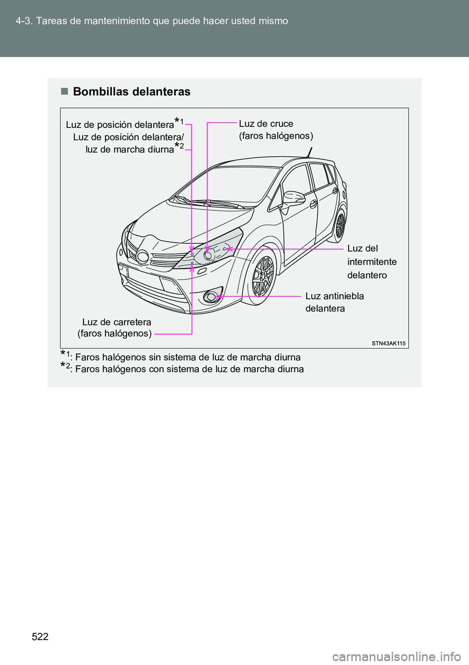 TOYOTA VERSO 2014  Manual del propietario (in Spanish) 522 4-3. Tareas de mantenimiento que puede hacer usted mismo
Bombillas delanteras
*1: Faros halógenos sin sistema de luz de marcha diurna
*2: Faros halógenos con sistema de luz de marcha diurna
L