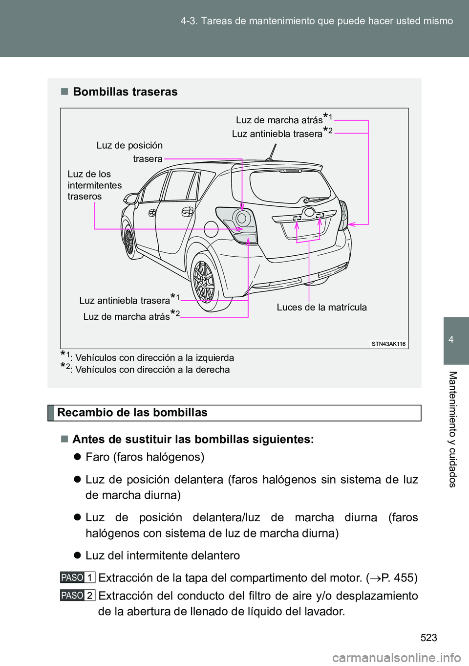 TOYOTA VERSO 2014  Manual del propietario (in Spanish) 523 4-3. Tareas de mantenimiento que puede hacer usted mismo
4
Mantenimiento y cuidados
Recambio de las bombillas
Antes de sustituir las bombillas siguientes:
Faro (faros halógenos)
Luz de p