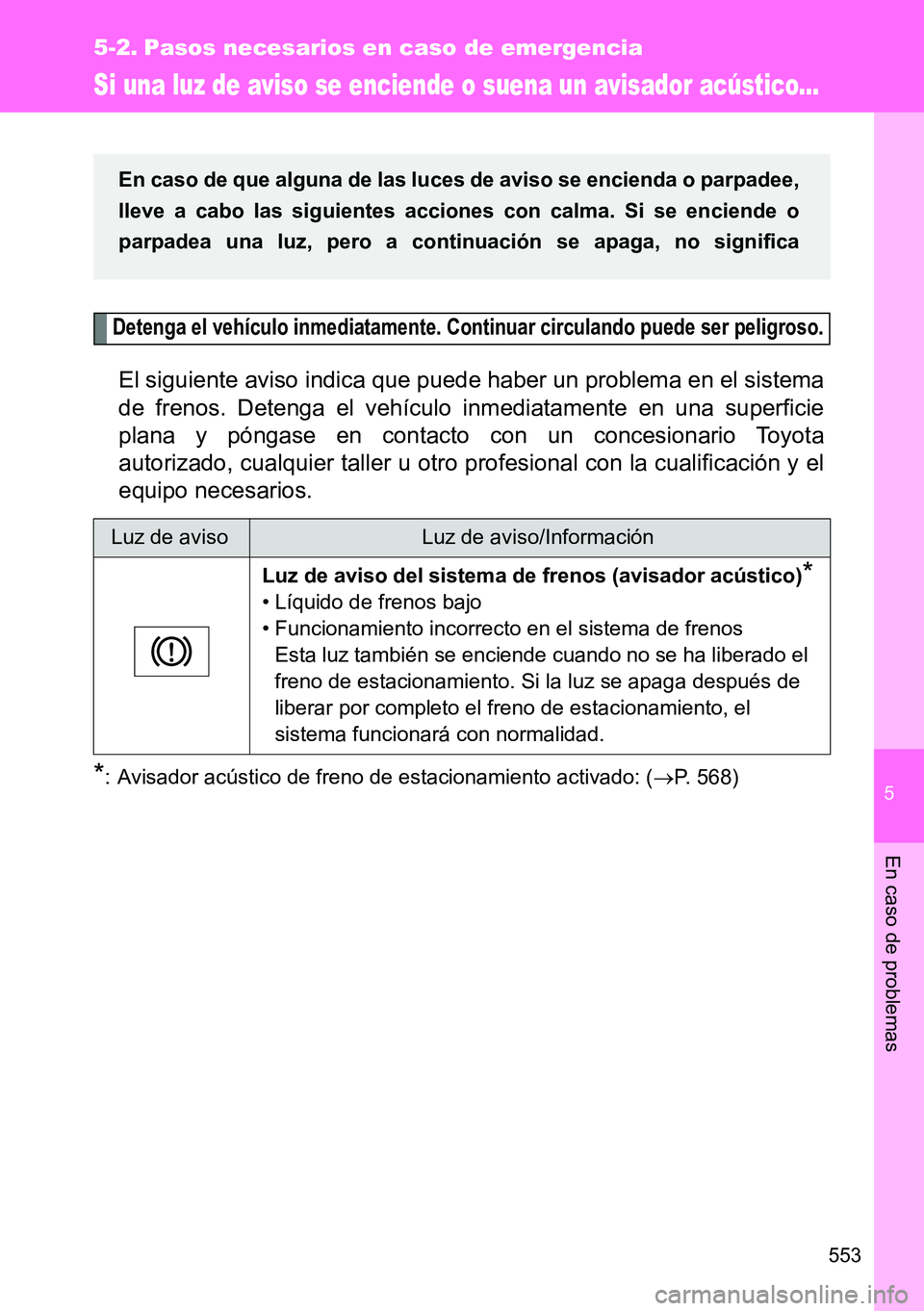TOYOTA VERSO 2014 Manual del propietario (in Spanish) 5
553
En caso de problemas
5-2. Pasos necesarios en caso de emergencia
Si una luz de aviso se enciende o suena un avisador acústico...
Detenga el vehículo inmediatamente. Continuar circulando puede TOYOTA VERSO 2014 Manual del propietario (in Spanish) 5
553
En caso de problemas
5-2. Pasos necesarios en caso de emergencia
Si una luz de aviso se enciende o suena un avisador acústico...
Detenga el vehículo inmediatamente. Continuar circulando puede