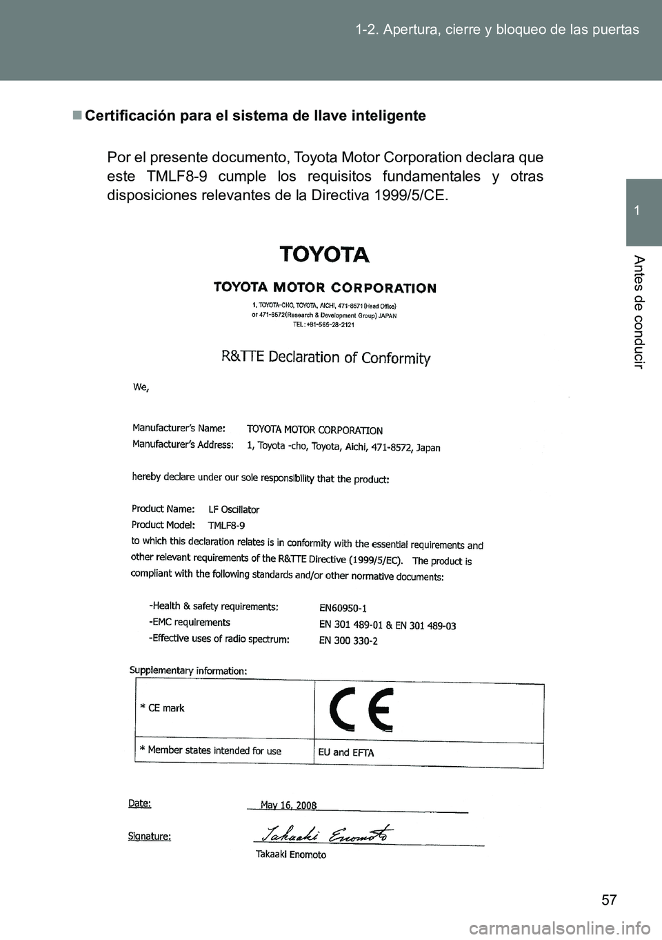 TOYOTA VERSO 2014  Manual del propietario (in Spanish) 57 1-2. Apertura, cierre y bloqueo de las puertas
1
Antes de conducir
Certificación para el sistema de llave inteligente
Por el presente documento, Toyota Motor Corporation declara que
este TMLF8-