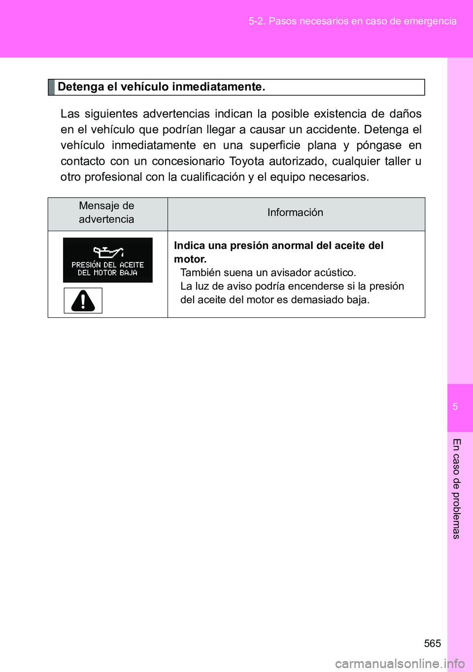 TOYOTA VERSO 2014  Manual del propietario (in Spanish) 5
565 5-2. Pasos necesarios en caso de emergencia
En caso de problemas
Detenga el vehículo inmediatamente.
Las siguientes advertencias indican la posible existencia de daños
en el vehículo que podr