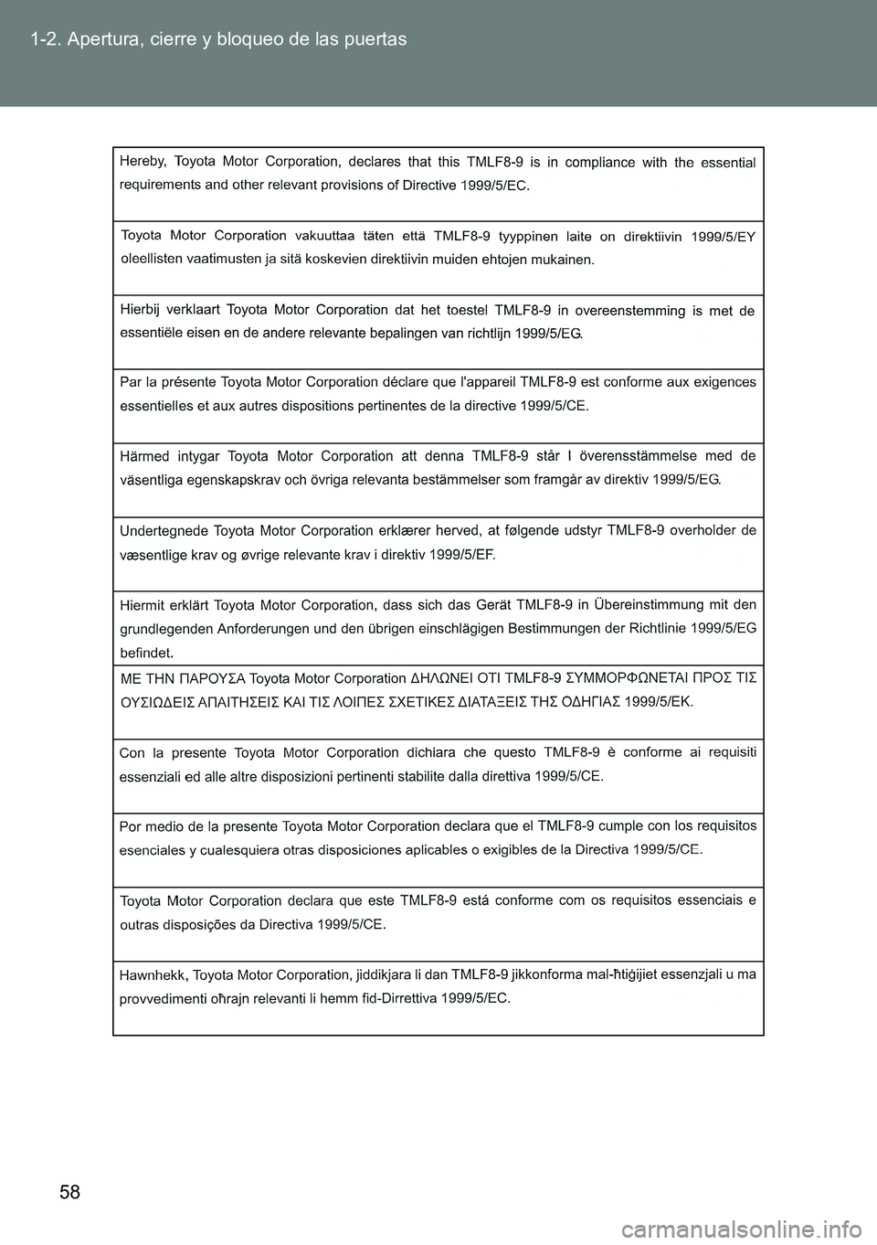 TOYOTA VERSO 2014  Manual del propietario (in Spanish) 58 1-2. Apertura, cierre y bloqueo de las puertas 