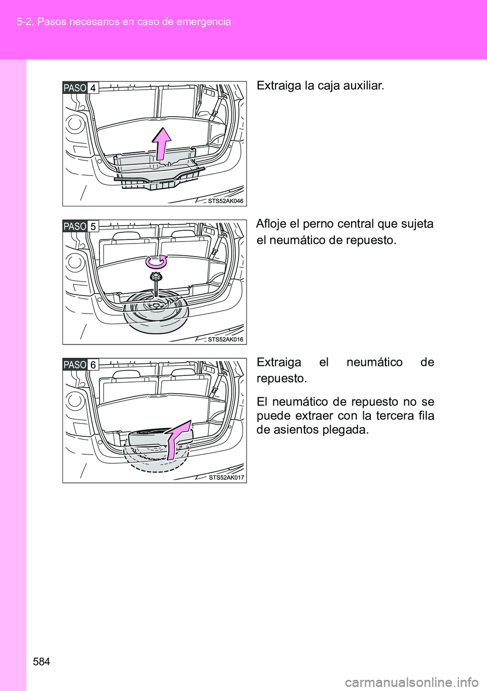 TOYOTA VERSO 2014  Manual del propietario (in Spanish) 584 5-2. Pasos necesarios en caso de emergencia
Extraiga la caja auxiliar.
Afloje el perno central que sujeta
el neumático de repuesto.
Extraiga el neumático de
repuesto.
El neumático de repuesto n