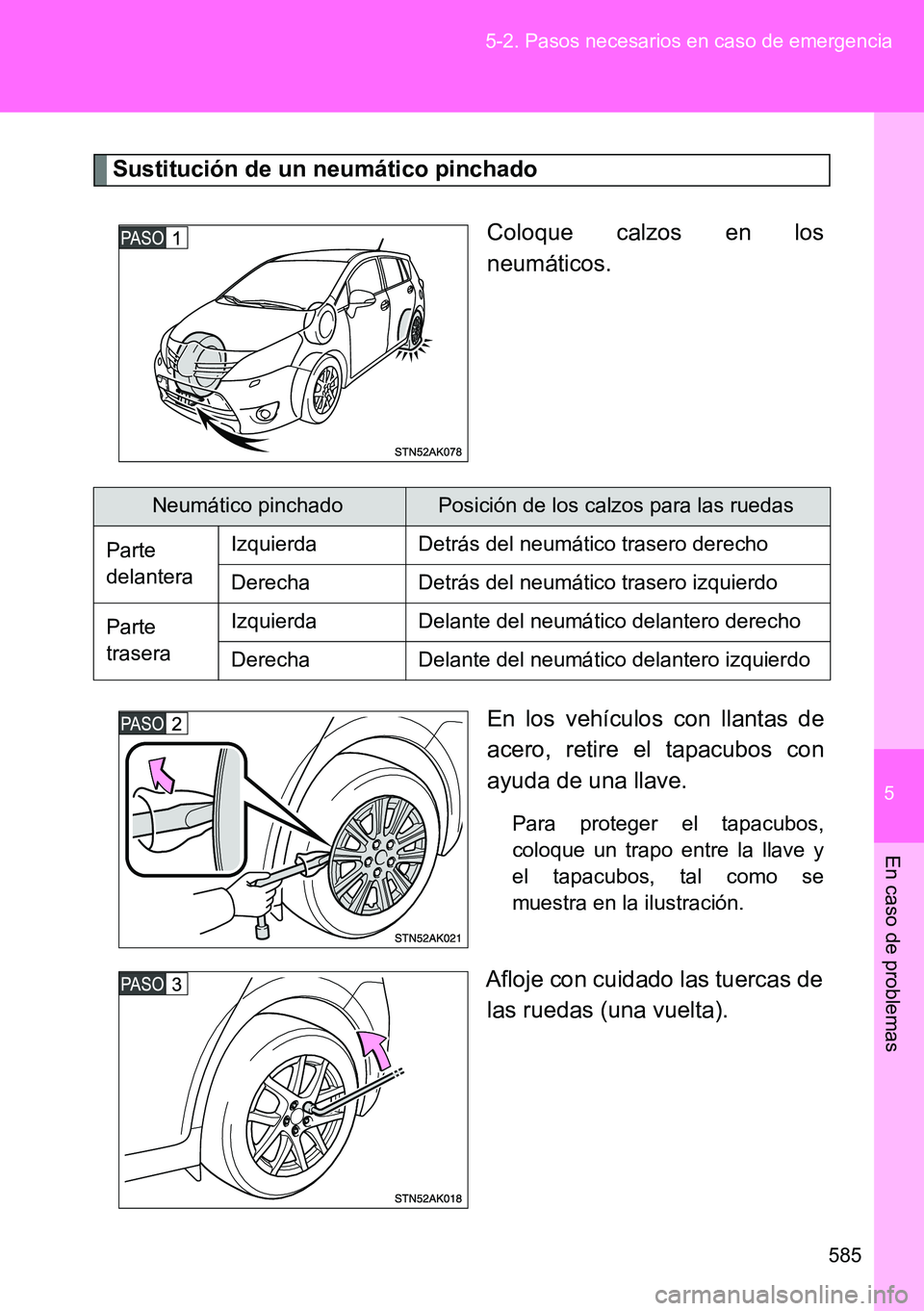 TOYOTA VERSO 2014  Manual del propietario (in Spanish) 5
585 5-2. Pasos necesarios en caso de emergencia
En caso de problemas
Sustitución de un neumático pinchado
Coloque calzos en los
neumáticos.
En los vehículos con llantas de
acero, retire el tapac