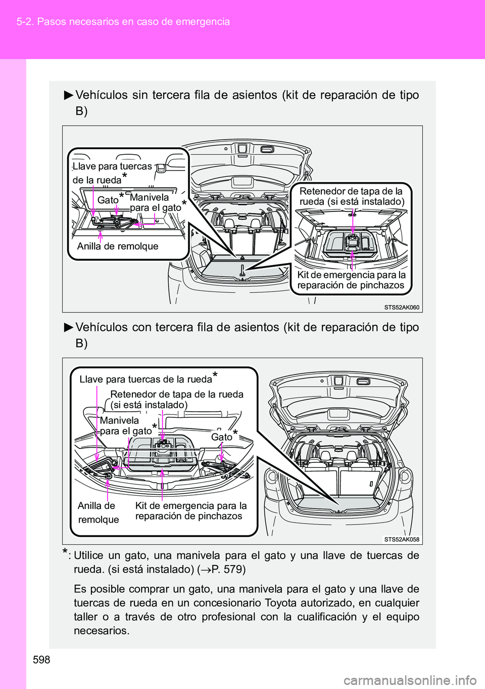 TOYOTA VERSO 2014  Manual del propietario (in Spanish) 598 5-2. Pasos necesarios en caso de emergencia
Vehículos sin tercera fila de asientos (kit de reparación de tipo
B)
Vehículos con tercera fila de asientos (kit de reparación de tipo
B)
*: Utilice
