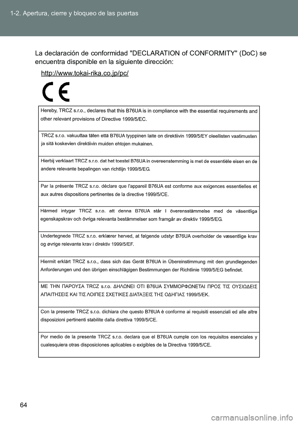 TOYOTA VERSO 2014  Manual del propietario (in Spanish) 64 1-2. Apertura, cierre y bloqueo de las puertas
La declaración de conformidad "DECLARATION of CONFORMITY" (DoC) se
encuentra disponible en la siguiente dirección:
http://www.tokai-rika.co.jp/pc/ 