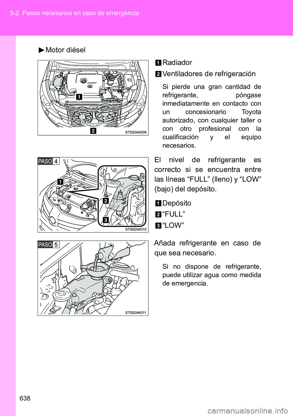 TOYOTA VERSO 2014  Manual del propietario (in Spanish) 638 5-2. Pasos necesarios en caso de emergencia
Motor diésel
Radiador
Ventiladores de refrigeración
Si pierde una gran cantidad de
refrigerante, póngase
inmediatamente en contacto con
un concesiona