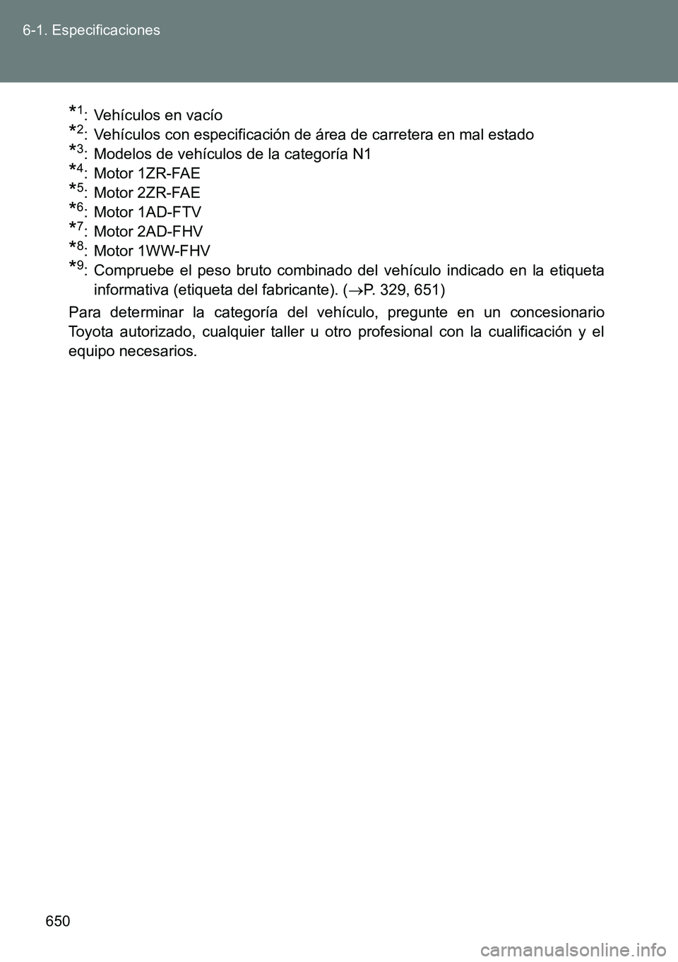TOYOTA VERSO 2014  Manual del propietario (in Spanish) 650 6-1. Especificaciones
*1: Vehículos en vacío
*2: Vehículos con especificación de área de carretera en mal estado
*3: Modelos de vehículos de la categoría N1
*4: Motor 1ZR-FAE
*5: Motor 2ZR-