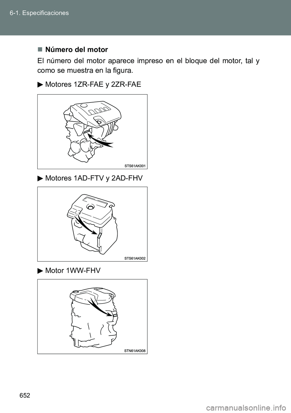 TOYOTA VERSO 2014  Manual del propietario (in Spanish) 652 6-1. Especificaciones
Número del motor
El número del motor aparece impreso en el bloque del motor, tal y
como se muestra en la figura.
Motores 1ZR-FAE y 2ZR-FAE
Motores 1AD-FTV y 2AD-FHV
Moto