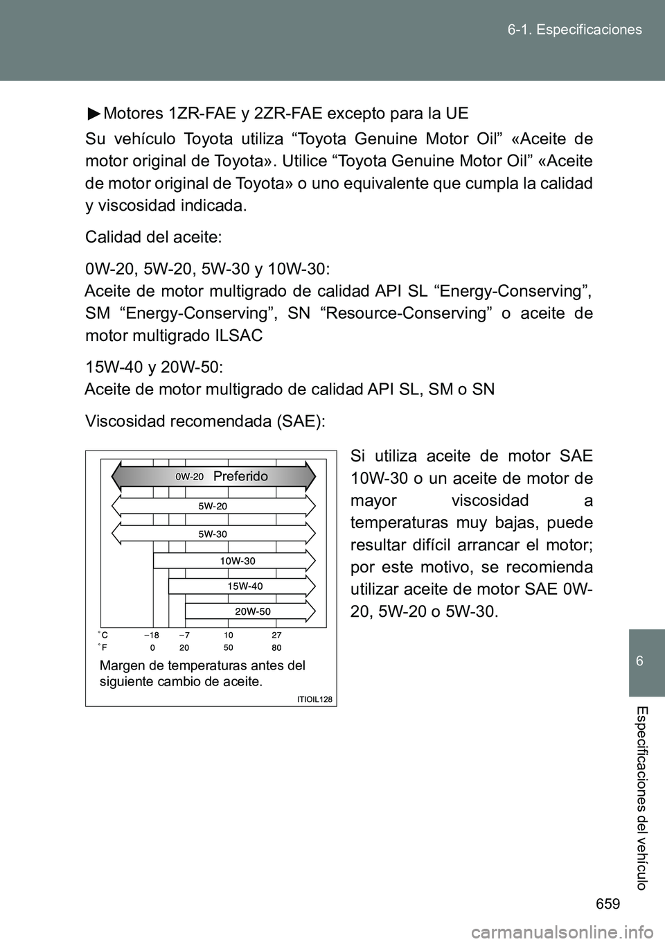 TOYOTA VERSO 2014  Manual del propietario (in Spanish) 659 6-1. Especificaciones
6
Especificaciones del vehículo
Motores 1ZR-FAE y 2ZR-FAE excepto para la UE
Su vehículo Toyota utiliza “Toyota Genuine Motor Oil” «Aceite de
motor original de Toyota
