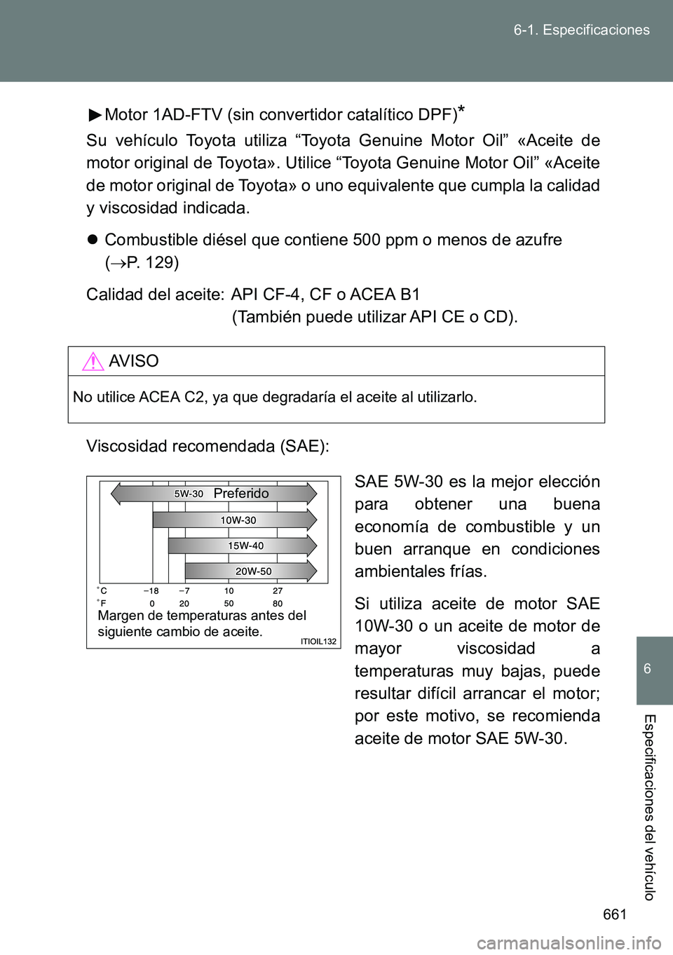 TOYOTA VERSO 2014 Manual del propietario (in Spanish) 661 6-1. Especificaciones
6
Especificaciones del vehículo
Motor 1AD-FTV (sin convertidor catalítico DPF)*
Su vehículo Toyota utiliza “Toyota Genuine Motor Oil” «Aceite de
motor original de Toy TOYOTA VERSO 2014 Manual del propietario (in Spanish) 661 6-1. Especificaciones
6
Especificaciones del vehículo
Motor 1AD-FTV (sin convertidor catalítico DPF)*
Su vehículo Toyota utiliza “Toyota Genuine Motor Oil” «Aceite de
motor original de Toy
