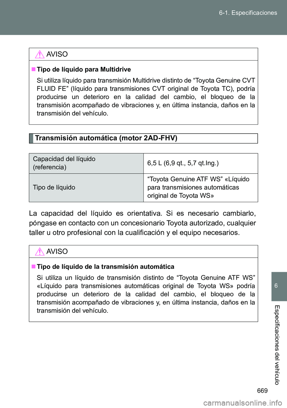 TOYOTA VERSO 2014 Manual del propietario (in Spanish) 669 6-1. Especificaciones
6
Especificaciones del vehículo
Transmisión automática (motor 2AD-FHV)
La capacidad del líquido es orientativa. Si es necesario cambiarlo,
póngase en contacto con un con TOYOTA VERSO 2014 Manual del propietario (in Spanish) 669 6-1. Especificaciones
6
Especificaciones del vehículo
Transmisión automática (motor 2AD-FHV)
La capacidad del líquido es orientativa. Si es necesario cambiarlo,
póngase en contacto con un con