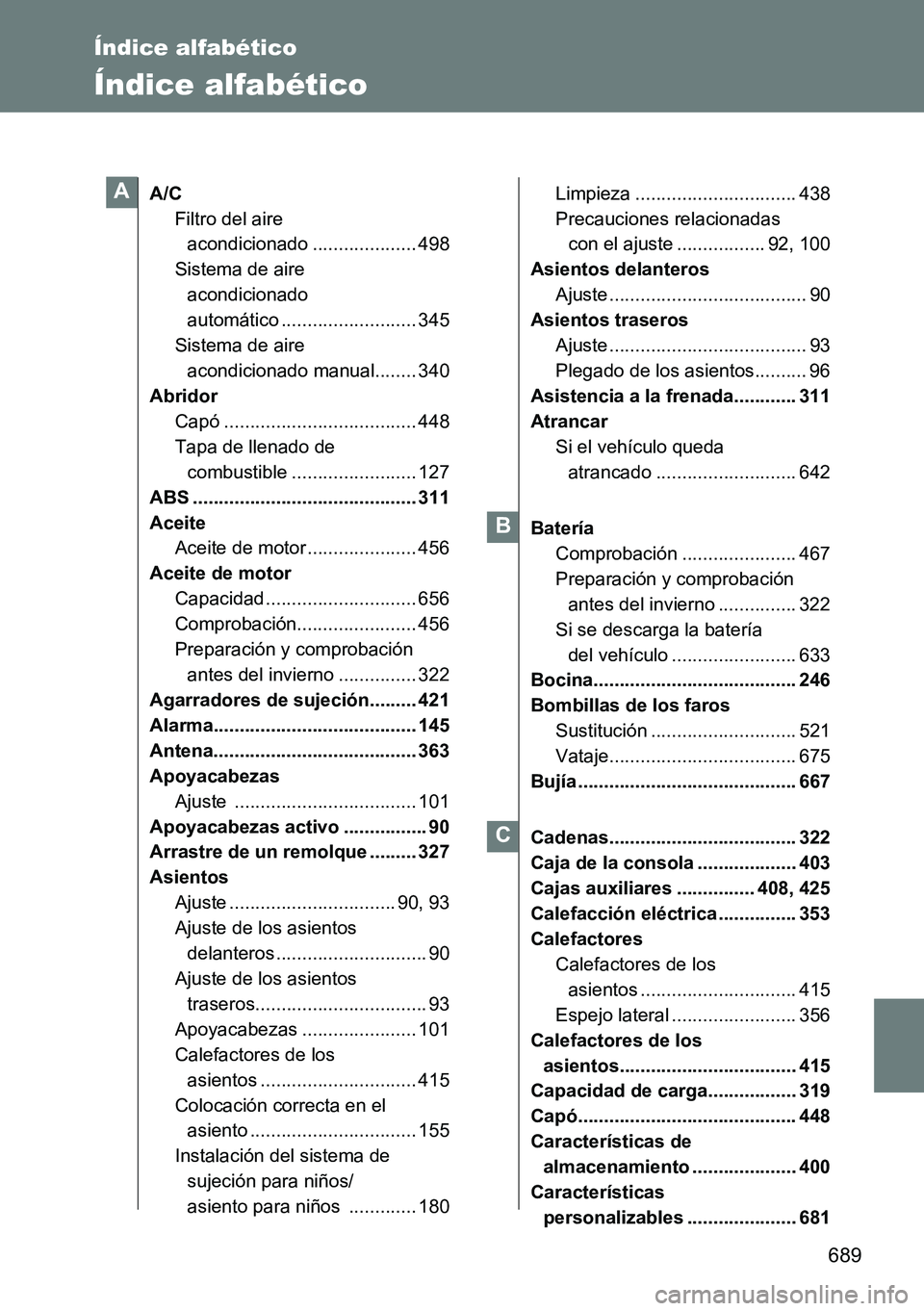 TOYOTA VERSO 2014 Manual del propietario (in Spanish) 689
Índice alfabético
Índice alfabético
A/C
Filtro del aire
acondicionado .................... 498
Sistema de aire
acondicionado
automático .......................... 345
Sistema de aire
acon TOYOTA VERSO 2014 Manual del propietario (in Spanish) 689
Índice alfabético
Índice alfabético
A/C
Filtro del aire
acondicionado .................... 498
Sistema de aire
acondicionado
automático .......................... 345
Sistema de aire
acon