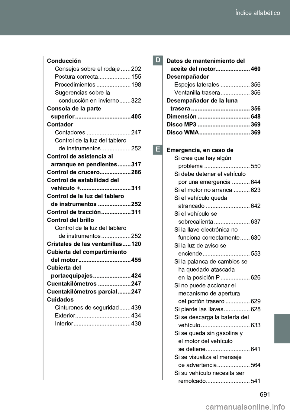 TOYOTA VERSO 2014  Manual del propietario (in Spanish) 691 Índice alfabético
Conducción
Consejos sobre el rodaje ...... 202
Postura correcta.................... 155
Procedimientos ..................... 198
Sugerencias sobre la 
conducción en invierno 