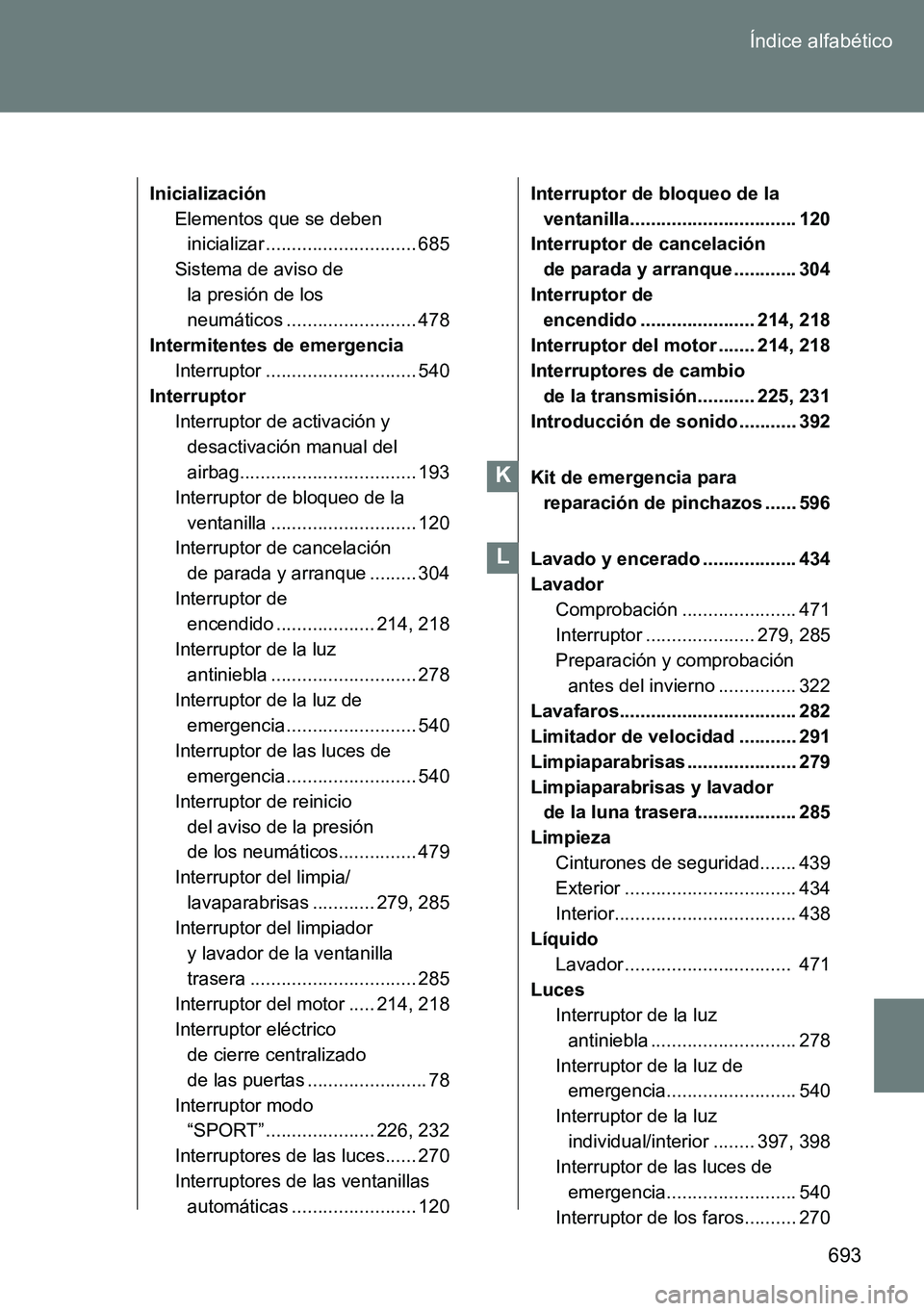 TOYOTA VERSO 2014  Manual del propietario (in Spanish) 693 Índice alfabético
Inicialización
Elementos que se deben 
inicializar ............................. 685
Sistema de aviso de 
la presión de los 
neumáticos ......................... 478
Intermi