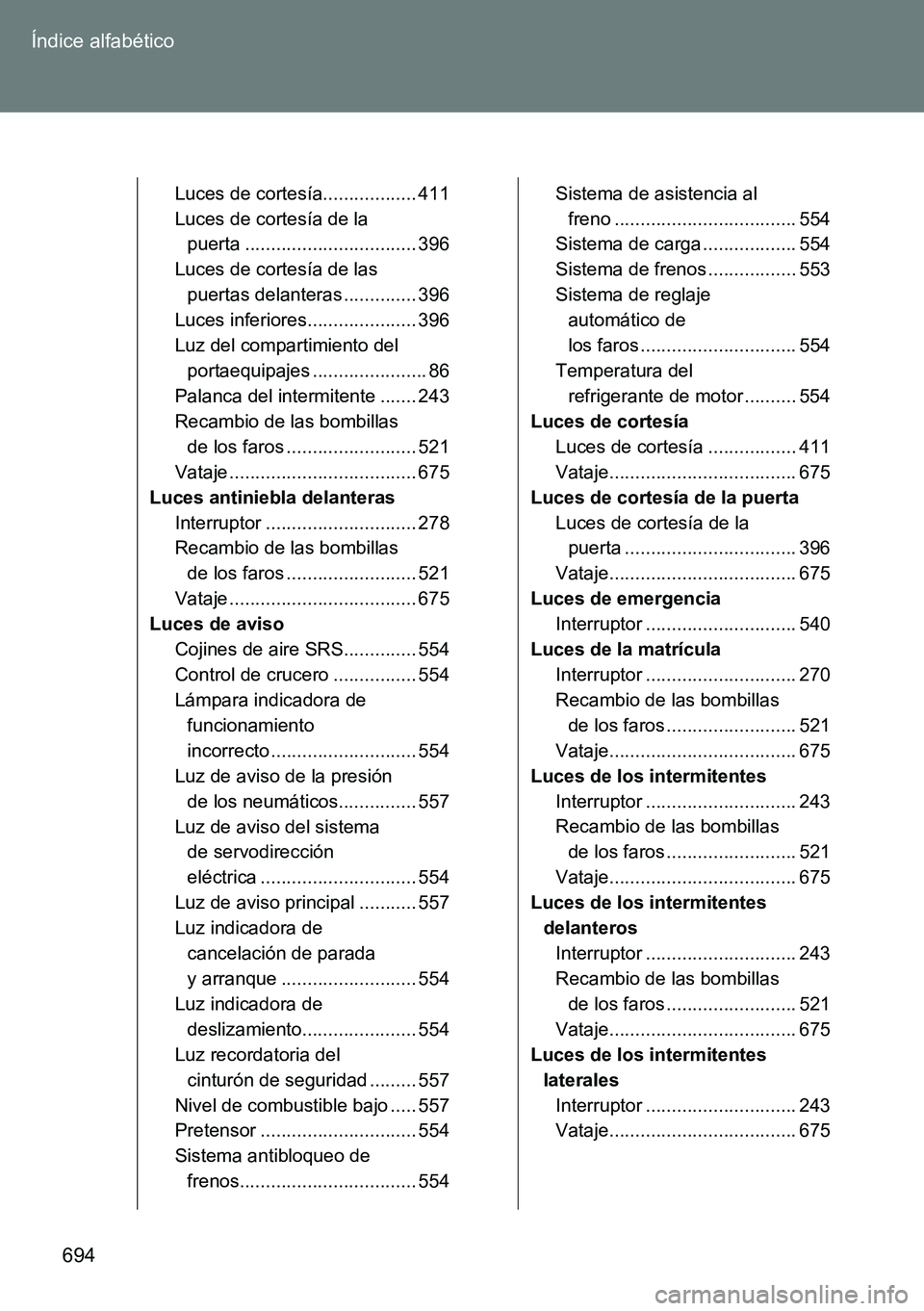 TOYOTA VERSO 2014  Manual del propietario (in Spanish) 694 Índice alfabético
Luces de cortesía.................. 411
Luces de cortesía de la 
puerta ................................. 396
Luces de cortesía de las 
puertas delanteras .............. 396