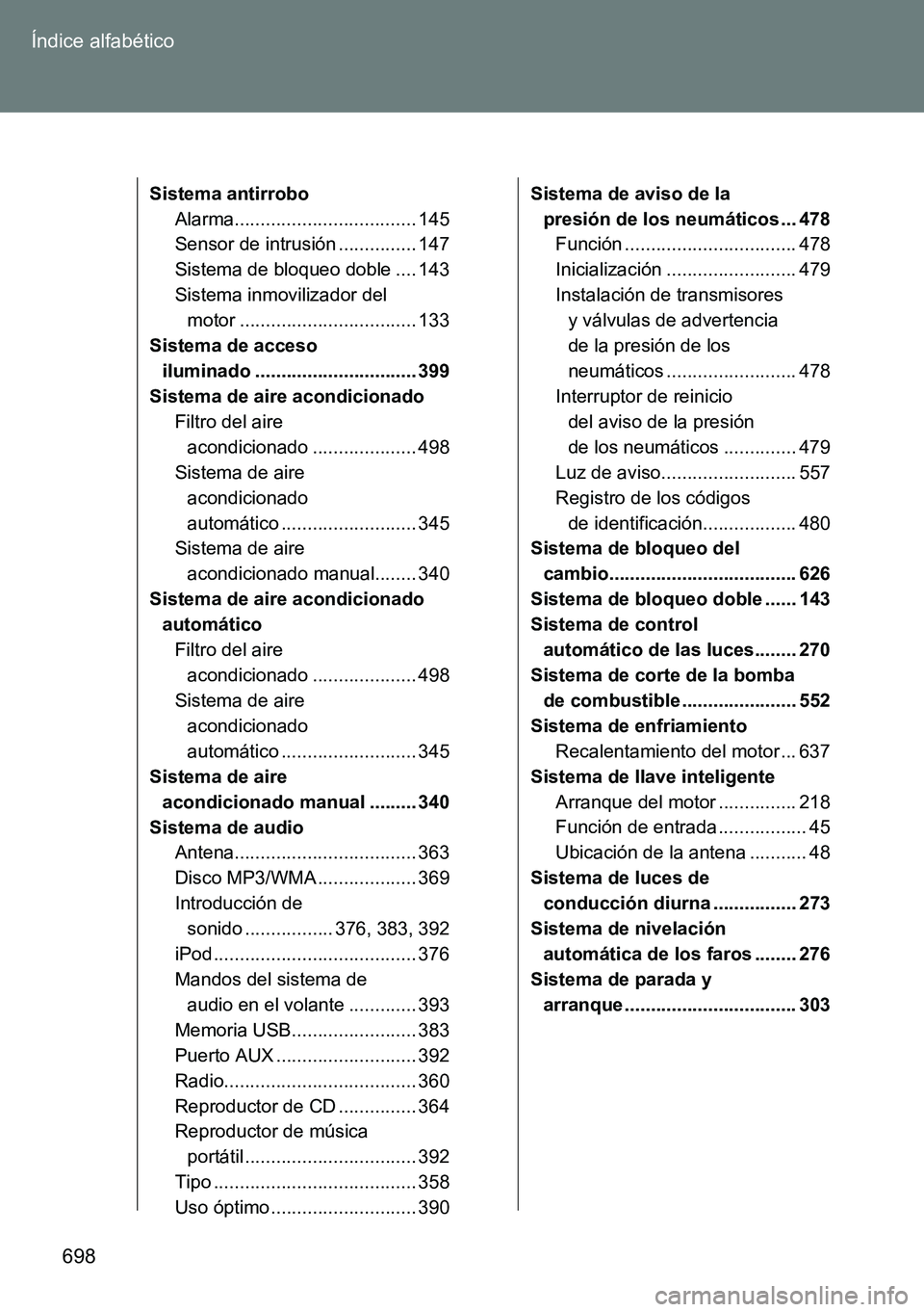 TOYOTA VERSO 2014  Manual del propietario (in Spanish) 698 Índice alfabético
Sistema antirrobo
Alarma................................... 145
Sensor de intrusión ............... 147
Sistema de bloqueo doble .... 143
Sistema inmovilizador del 
motor ....